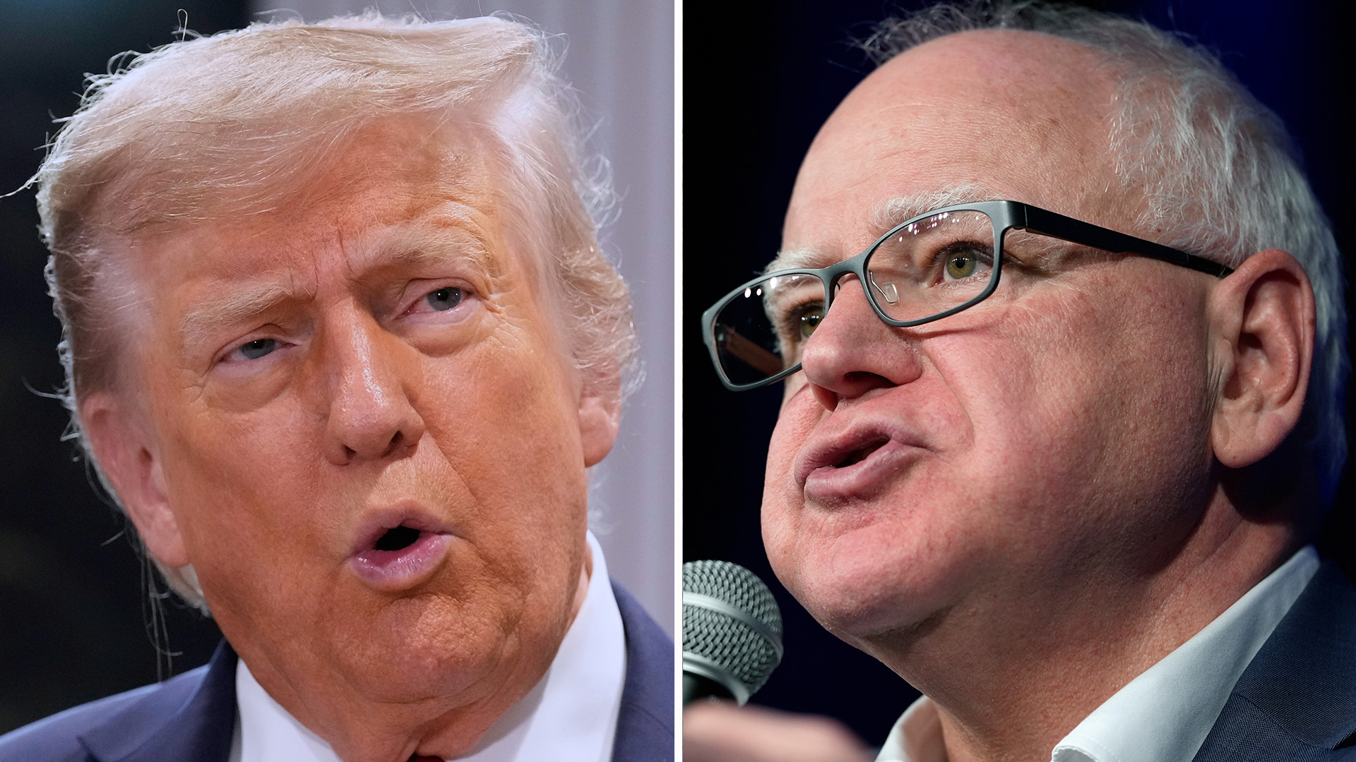 This split images shows President Donald Trump, June 16, 2025, in Kananaskis, Canada, and Minnesota Gov. Tim Walz, March 14, 2025, in Des Moines, Iowa.