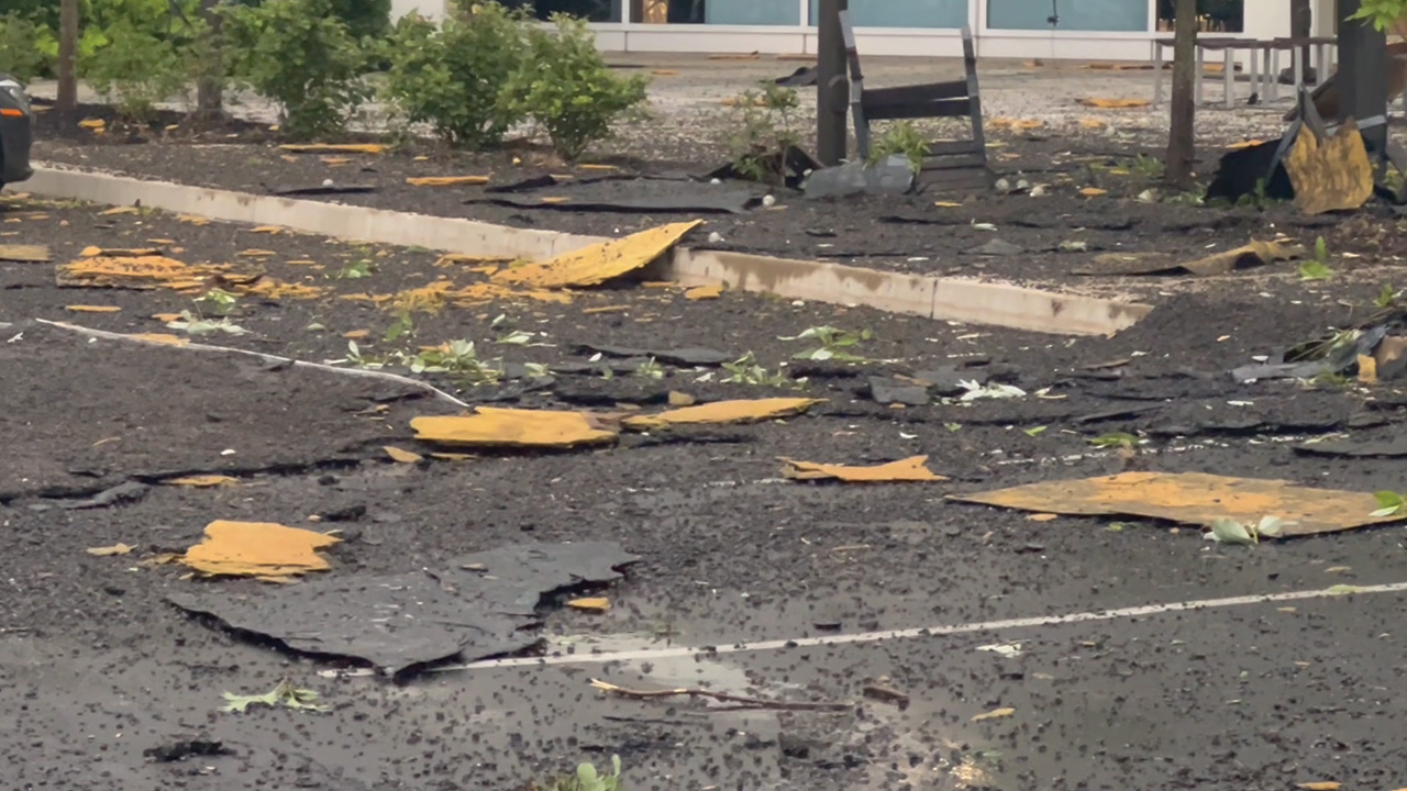 IMAGE: Debris in parking lot of rock station 93.3 WMMR after severe storm hit region on June 19, 2025.