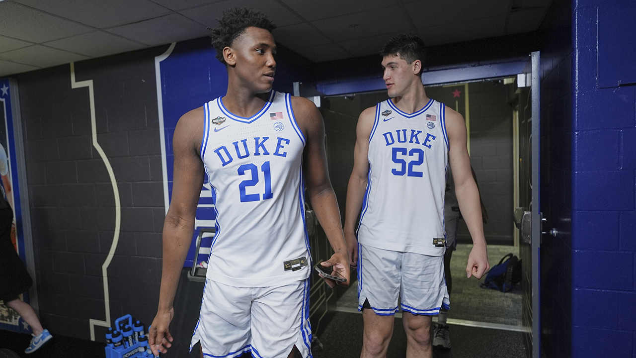 Duke's Stanley Borden, right, seen at the Final Four on April 3, in San Antonio with teammate Patrick Ngongba II.