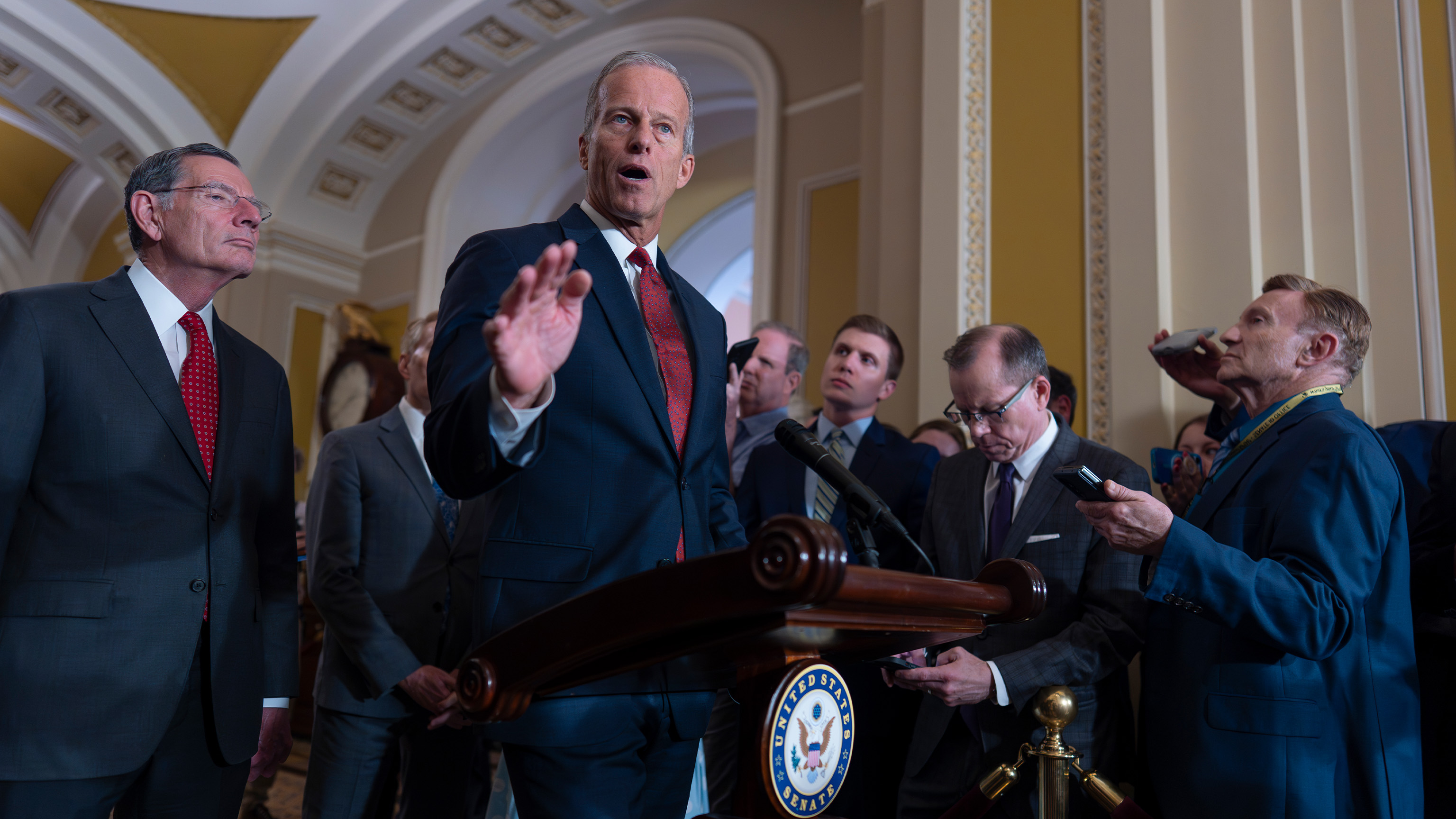 Senate Majority Leader John Thune speaks to reporters at the Capitol in Washington, Tuesday, June 24, 2025. 