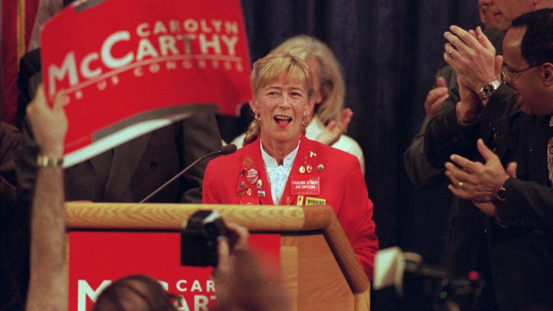 Carolyn McCarthy makes her acceptance speech at Adelphi University in Garden City, N.Y., Tuesday, Nov. 5, 1996, after defeating incumbent Republican congressman Dan Frisa.