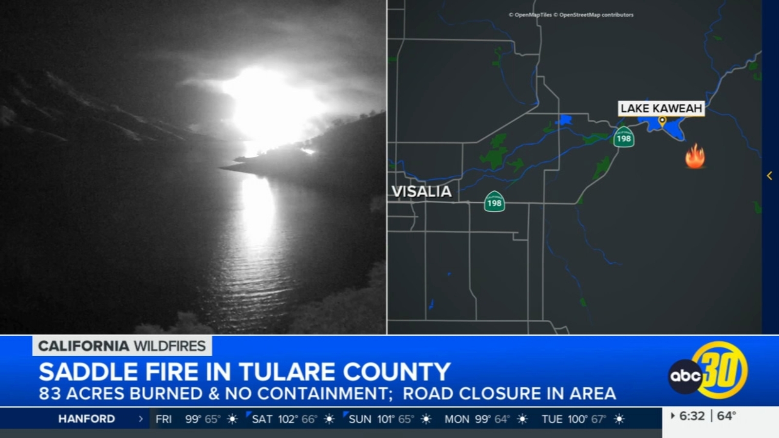 Portion of Highway 198 in Tulare County closed due to Saddle Fire