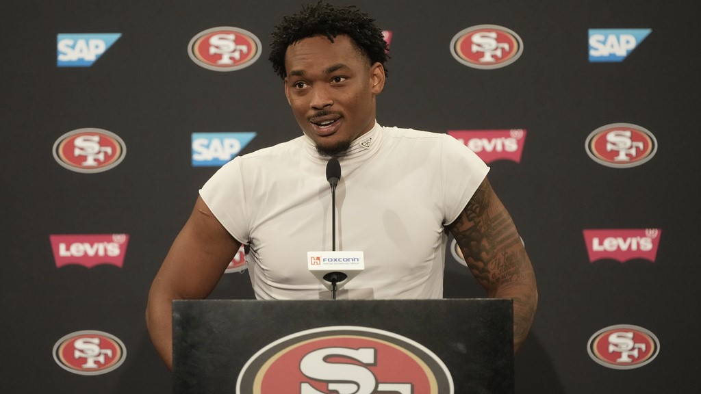 San Francisco 49ers cornerback Deommodore Lenoir speaks during a news conference after practice at NFL football minicamp Tuesday, June 10, 2025, in Santa Clara, Calif.