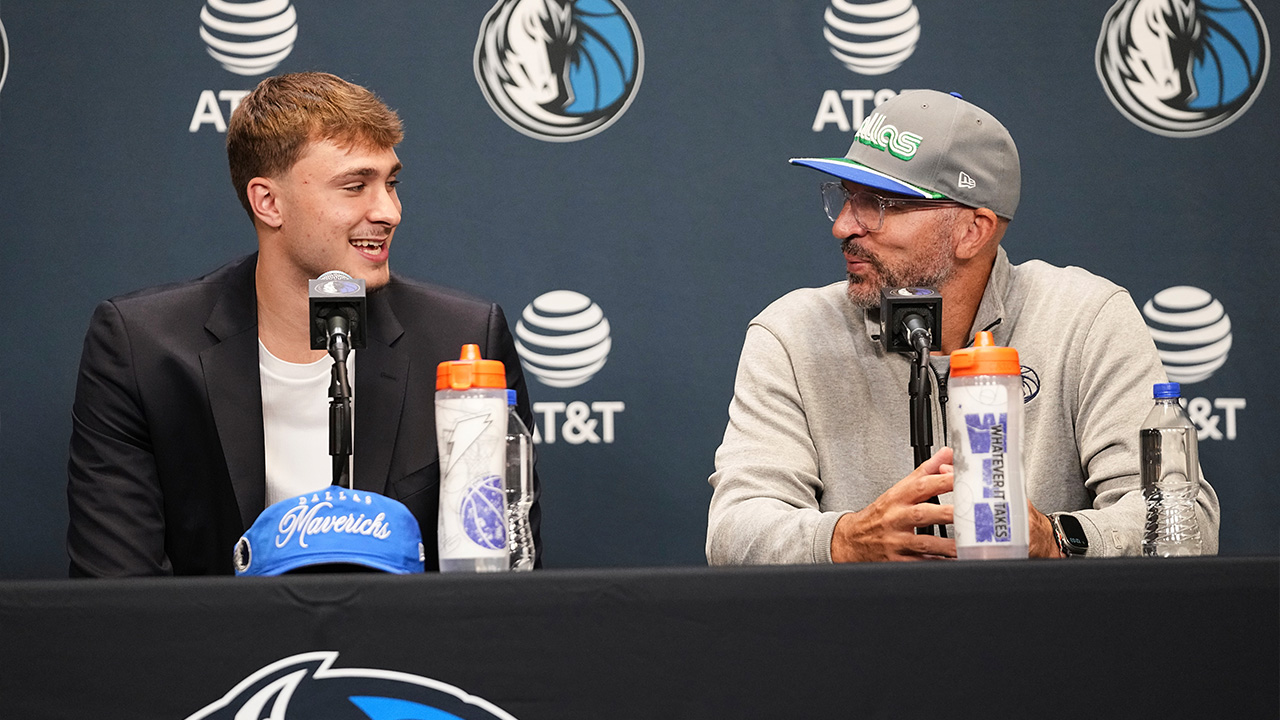 Mavericks' Cooper Flagg, left, and head coach Jason Kidd during press conference at the team's practice facility, Friday, June 27, 2025, in Dallas.