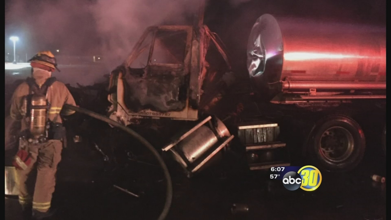 Two big rigs involved in fiery crash in Visalia