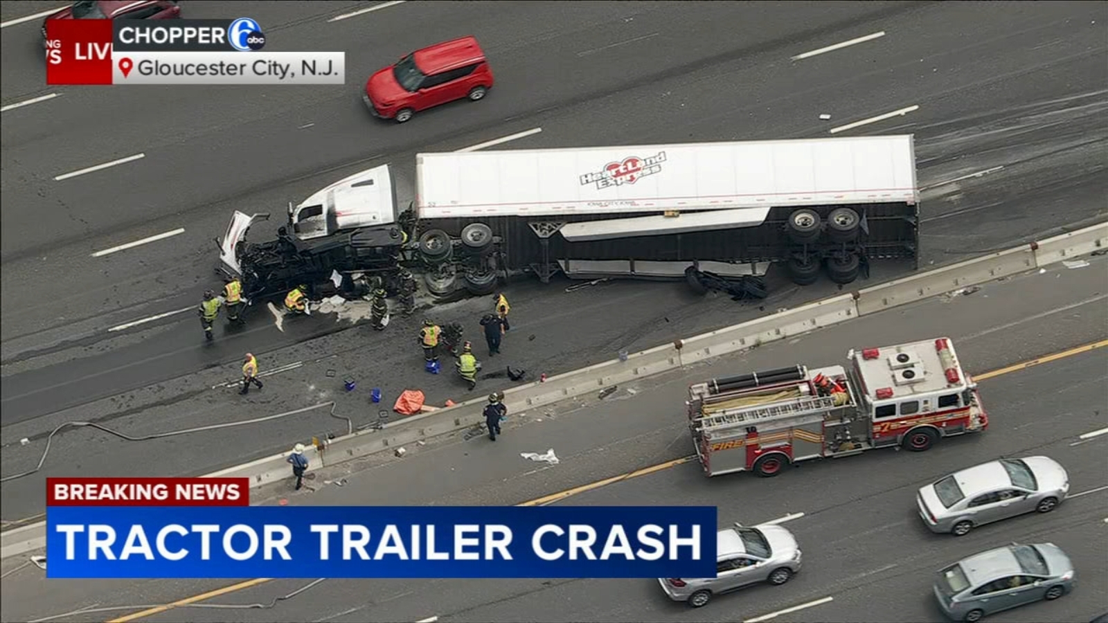 Tractor-trailer overturns after crash on I-76 WB in Gloucester City, Camden County