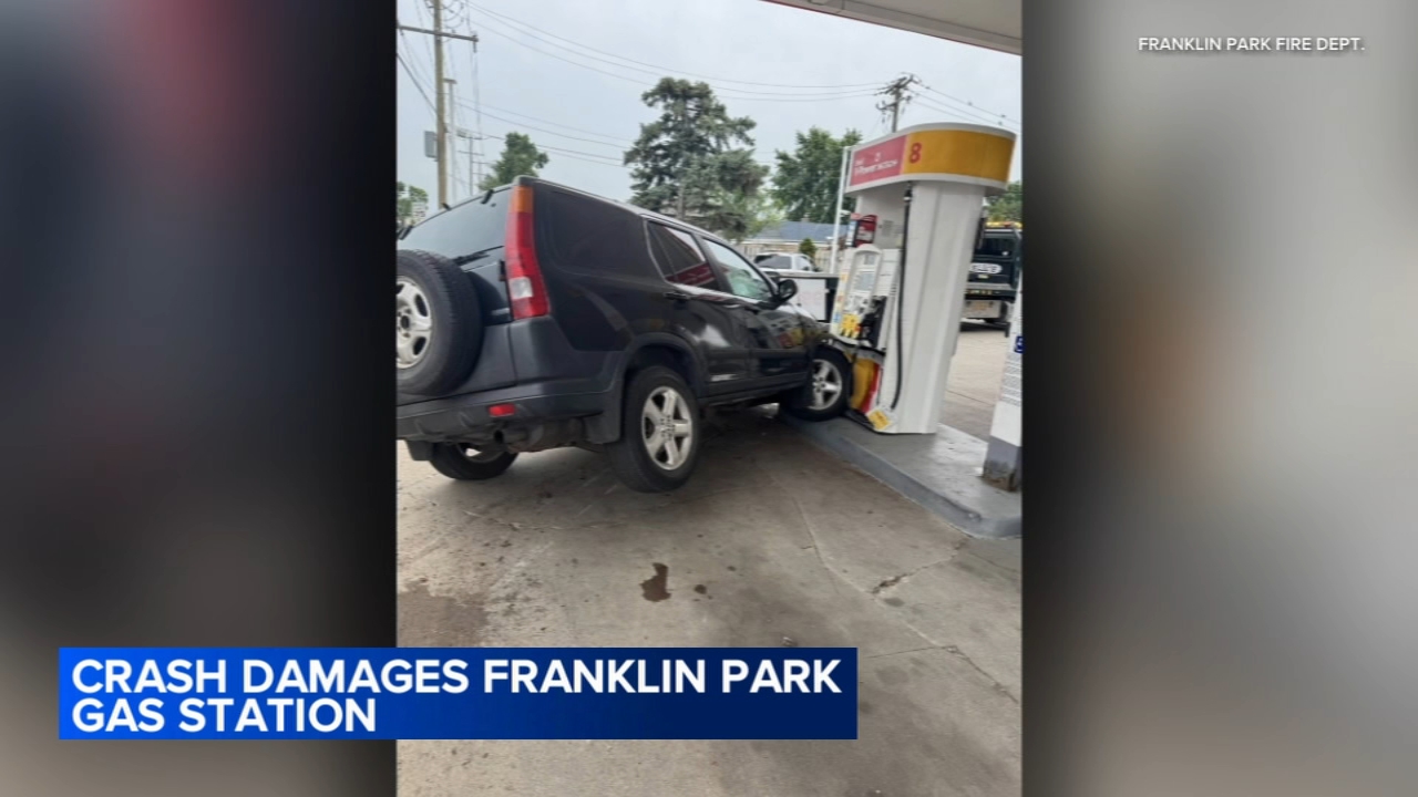Vehicle hits gas station pump after car crash in Franklin Park