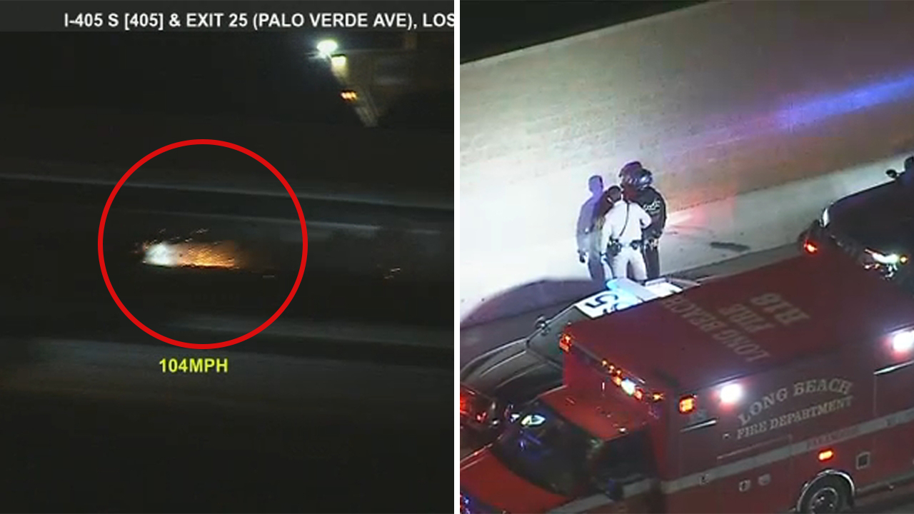 Video shows motorcyclist walk away from crash after high-speed chase