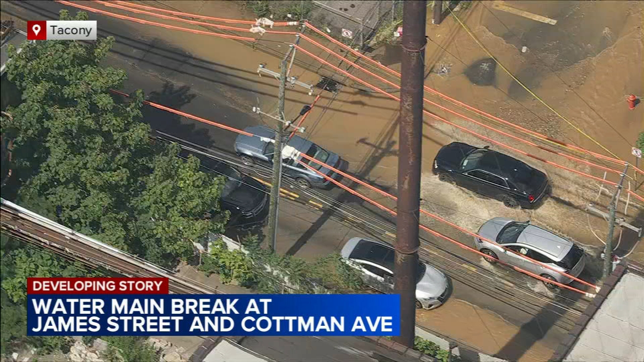 Water main break in Tacony floods roads at James Street and Cottman Avenue