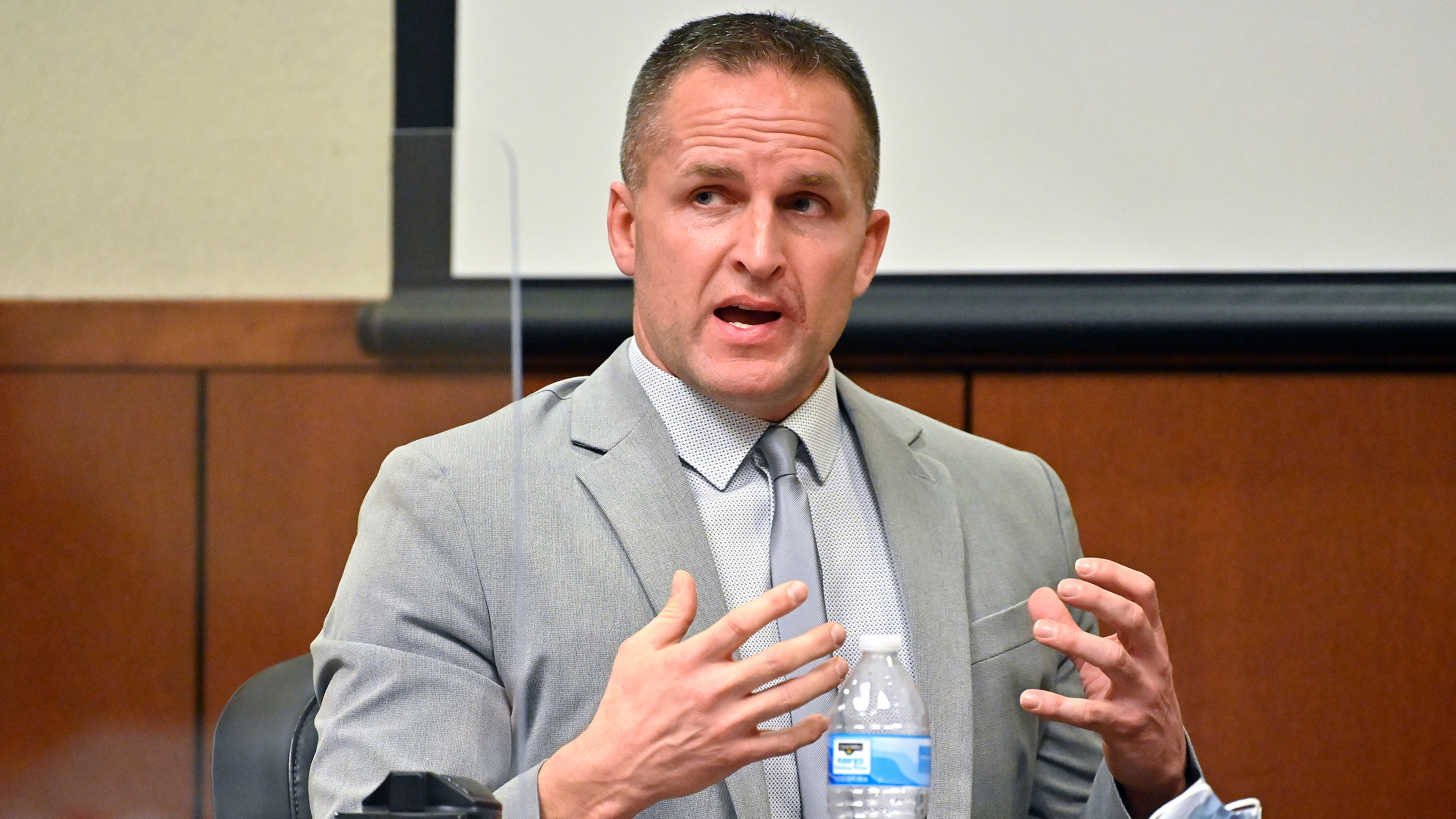 FILE - Former Louisville Police Officer Brett Hankison is questioned by his defense attorney, March 2, 2022, in Louisville, Ky.