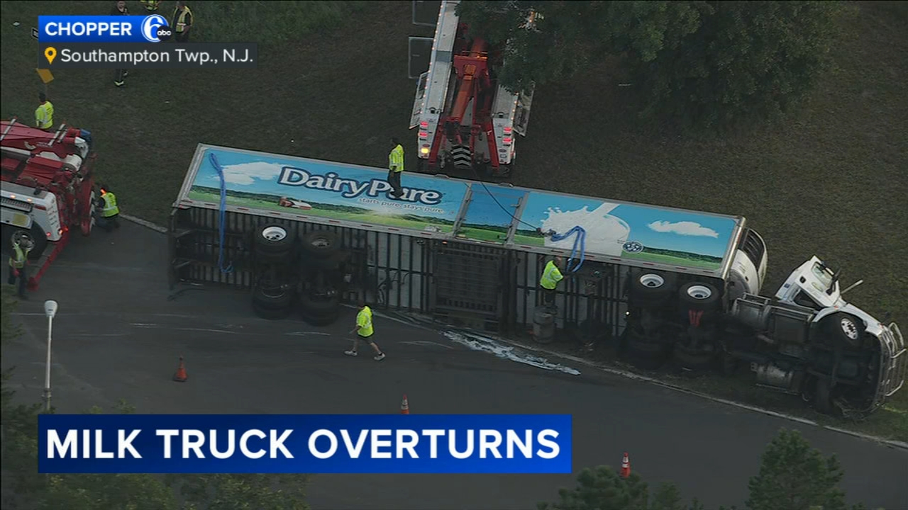 Milk truck overturns on Route 70 in Southampton Twp., Burlington County