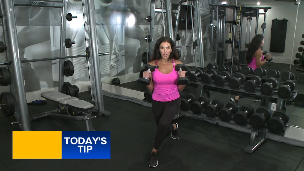 Fitness tip: Reverse lunge with curtsey lunge and bicep curl