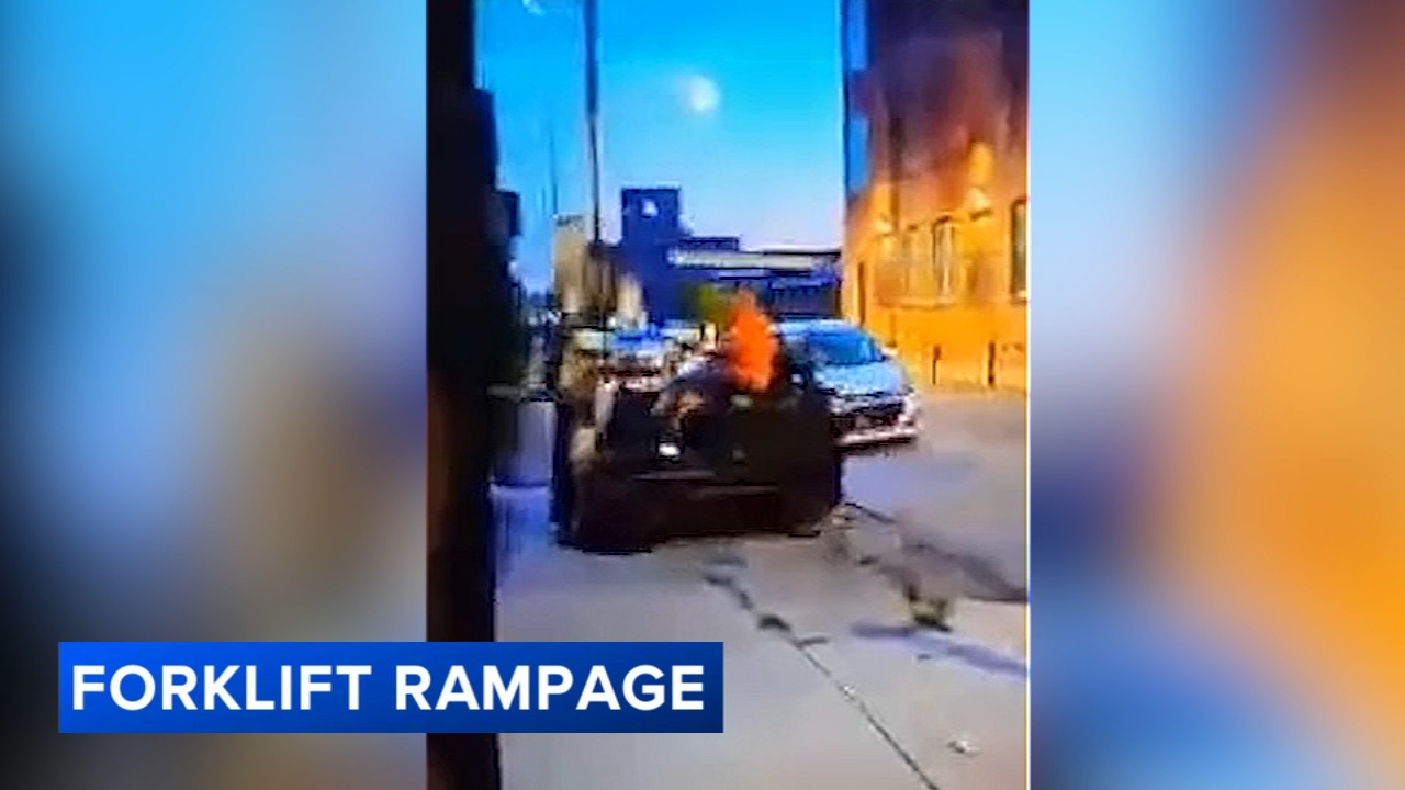 Philadelphia police are searching for a man who they said used a forklift to ram garage doors of businesses and damage vehicles in Port Richmond.