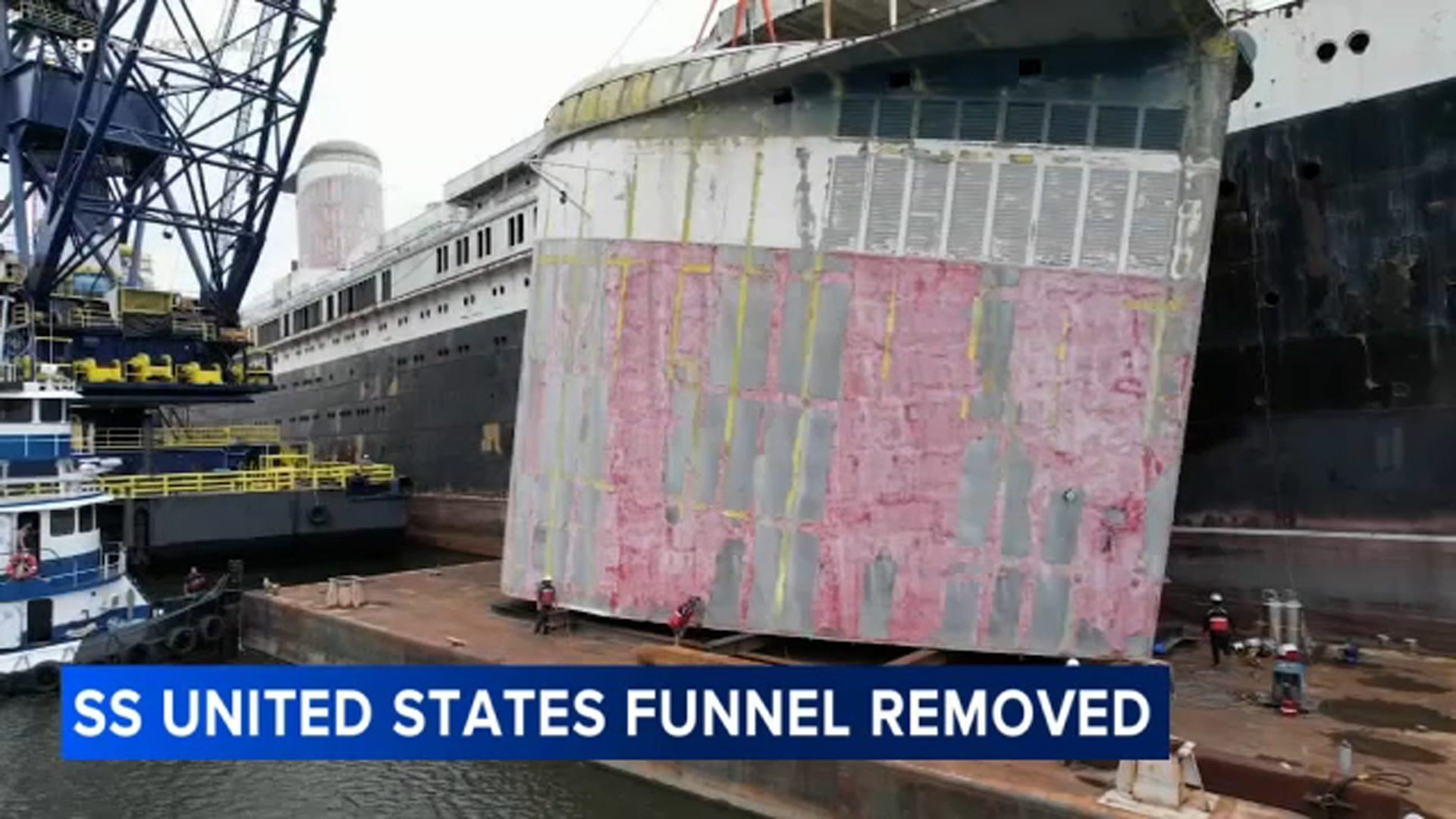 Smoke stacks removed from SS United States as former ocean liner is prepared for underwater grave