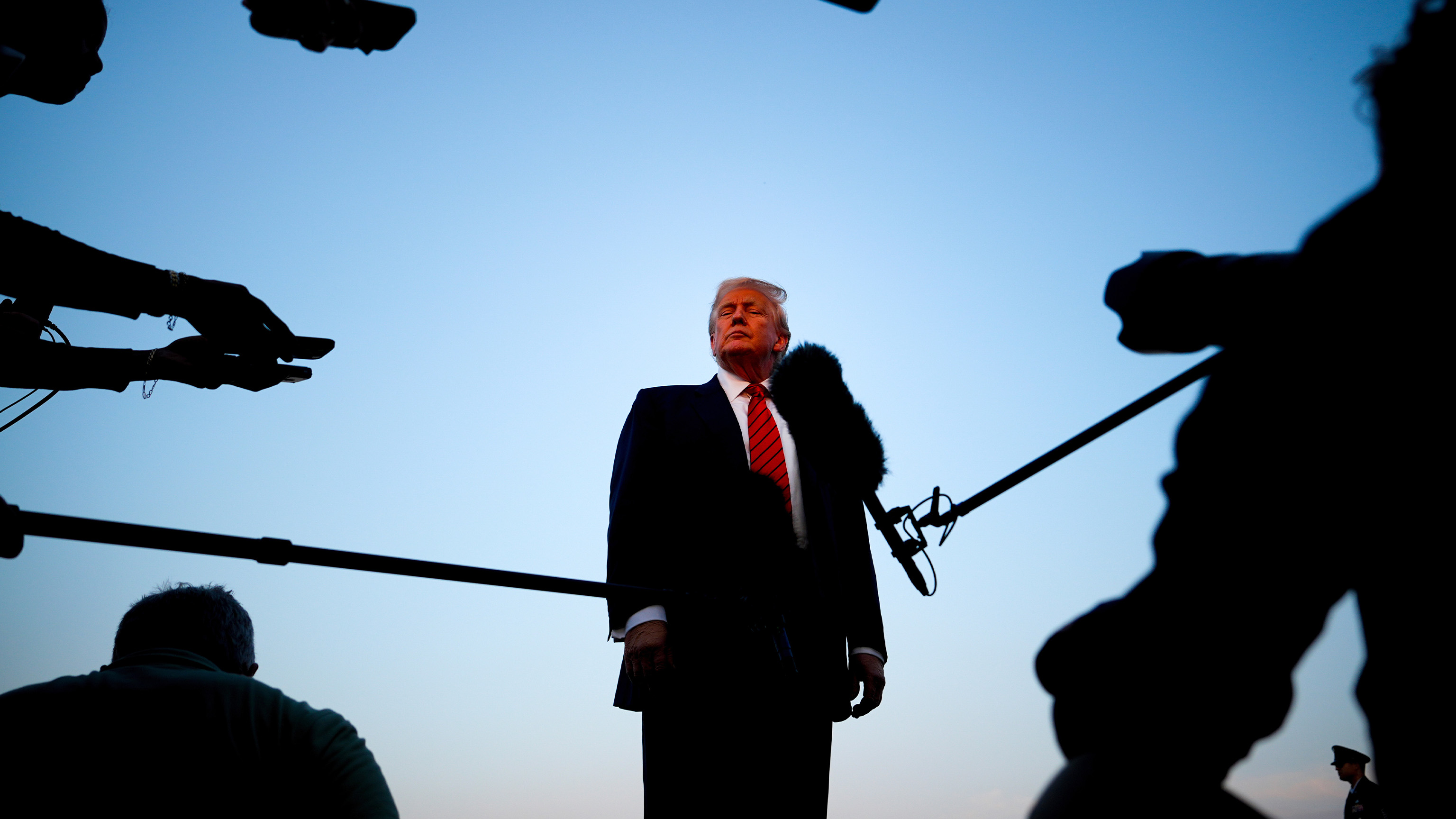 President Donald Trump speaks with reporters before boarding Air Force One at Lehigh Valley International Airport, Sunday, Aug. 3, 2025, in Allentown, Pa.