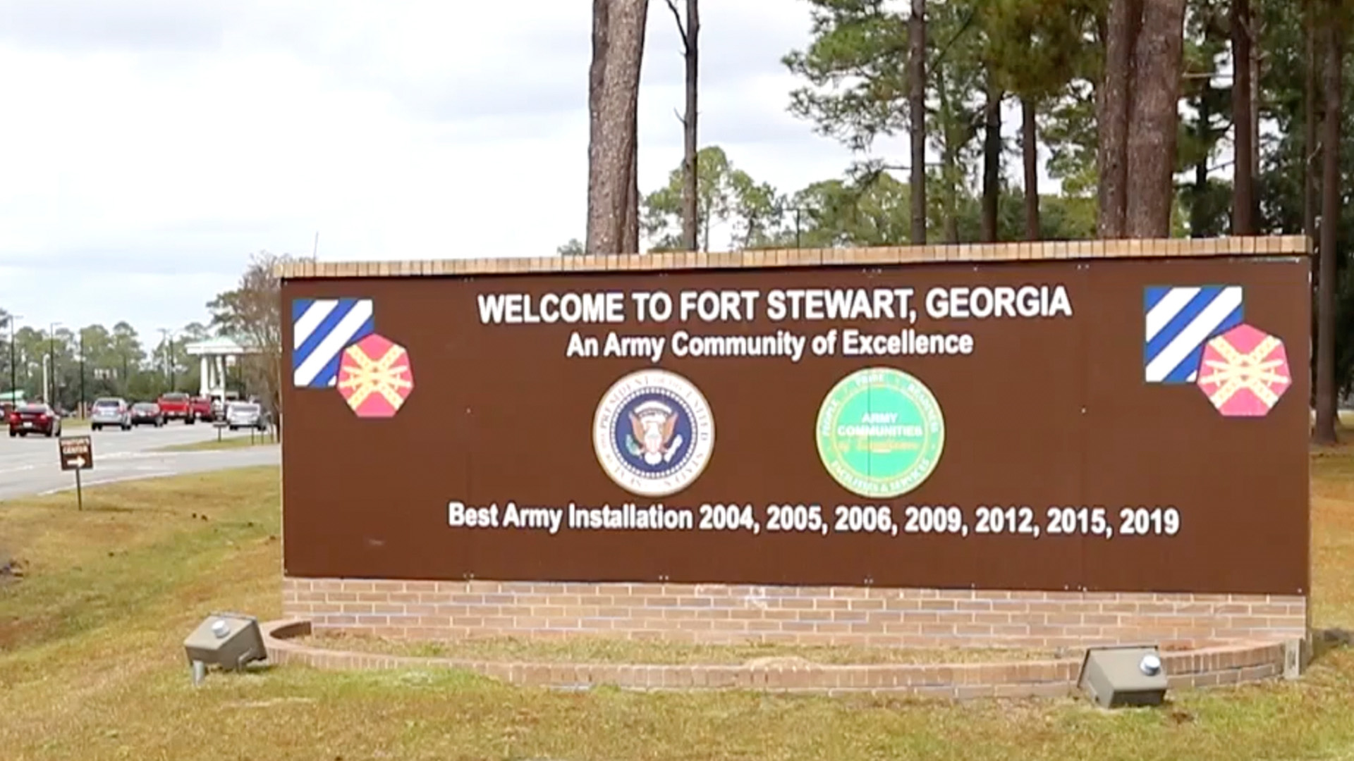 This image from video provided by the U.S. Army via DVIDS shows the entrance to Fort Stewart in Georgia on Nov. 18, 2021. 