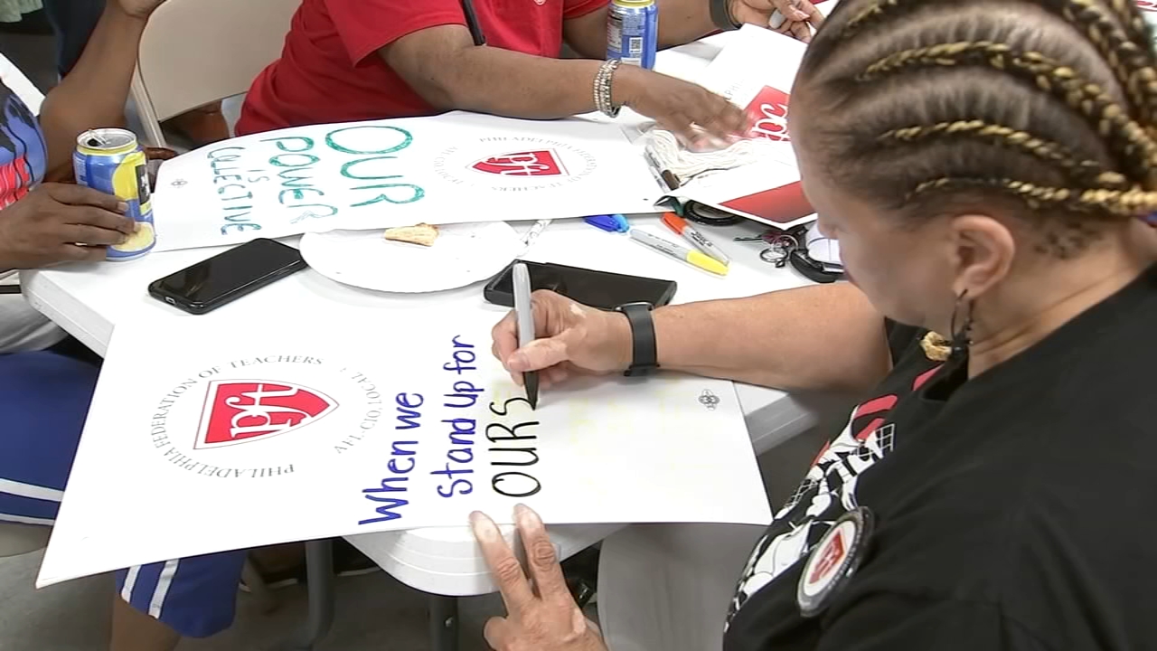 Philadelphia teachers make signs in preparation for possible strike