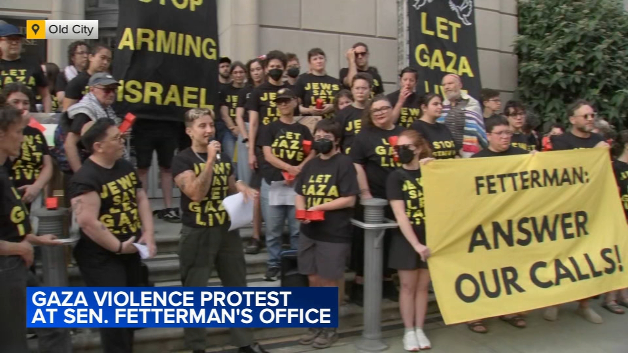 Gaza violence protesters gather outside Sen. John Fetterman's office