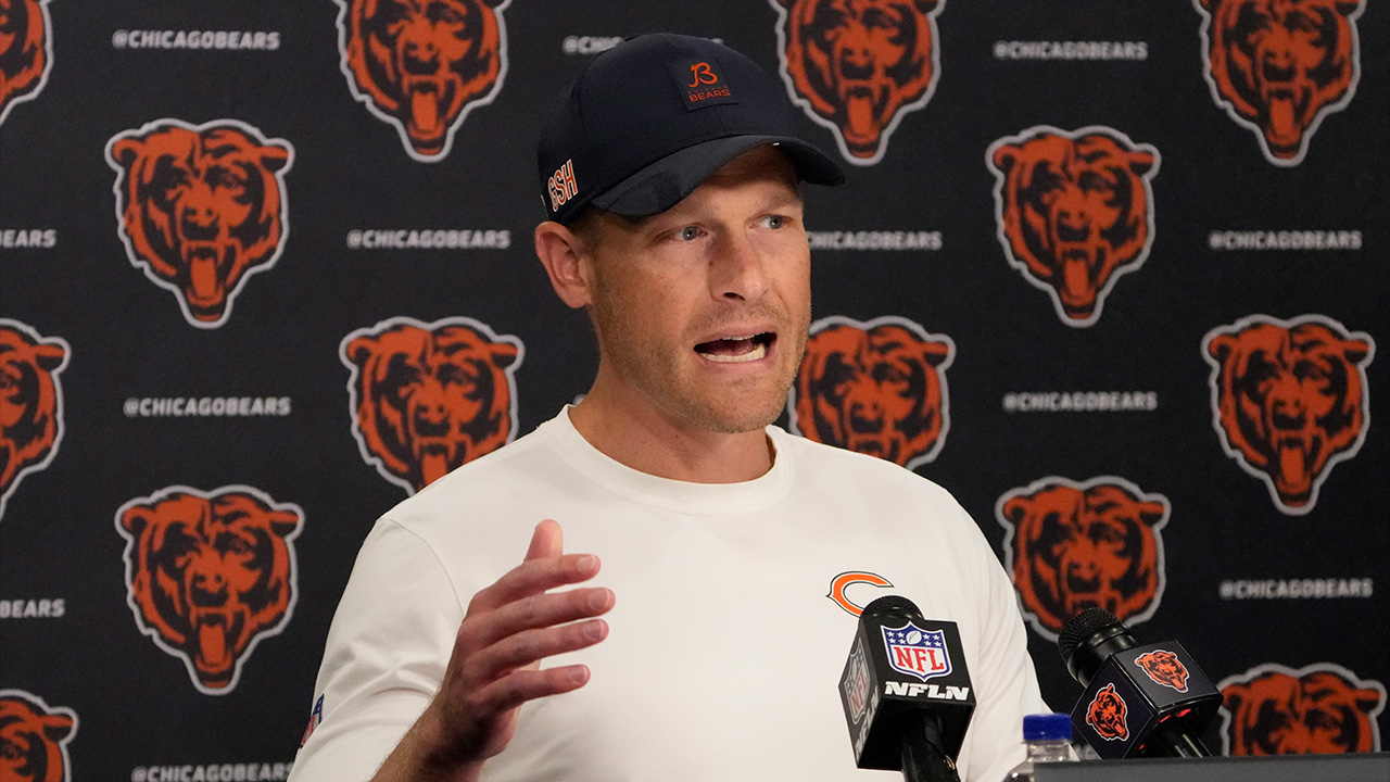 Chicago Bears head coach Ben Johnson talks to the media before Back Together training camp event for fans on Saturday, July 26, 2025, in Lake Forest, Ill.