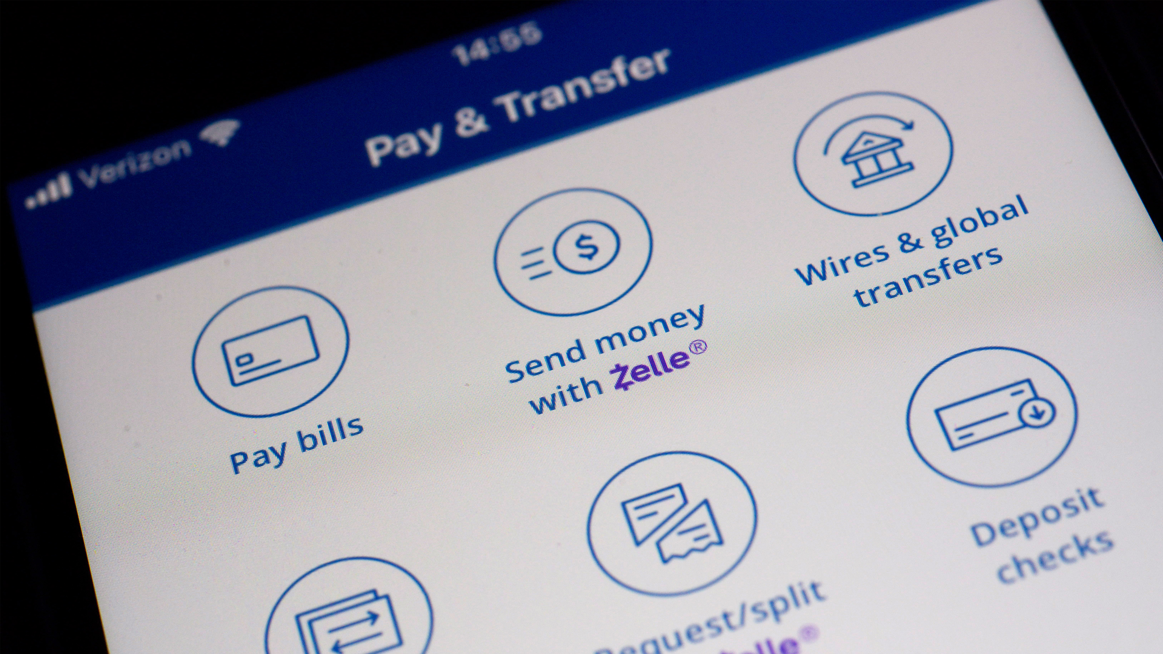 Options to use the Zelle payments network are seen on a mobile banking app in New York, Dec. 20, 2024.