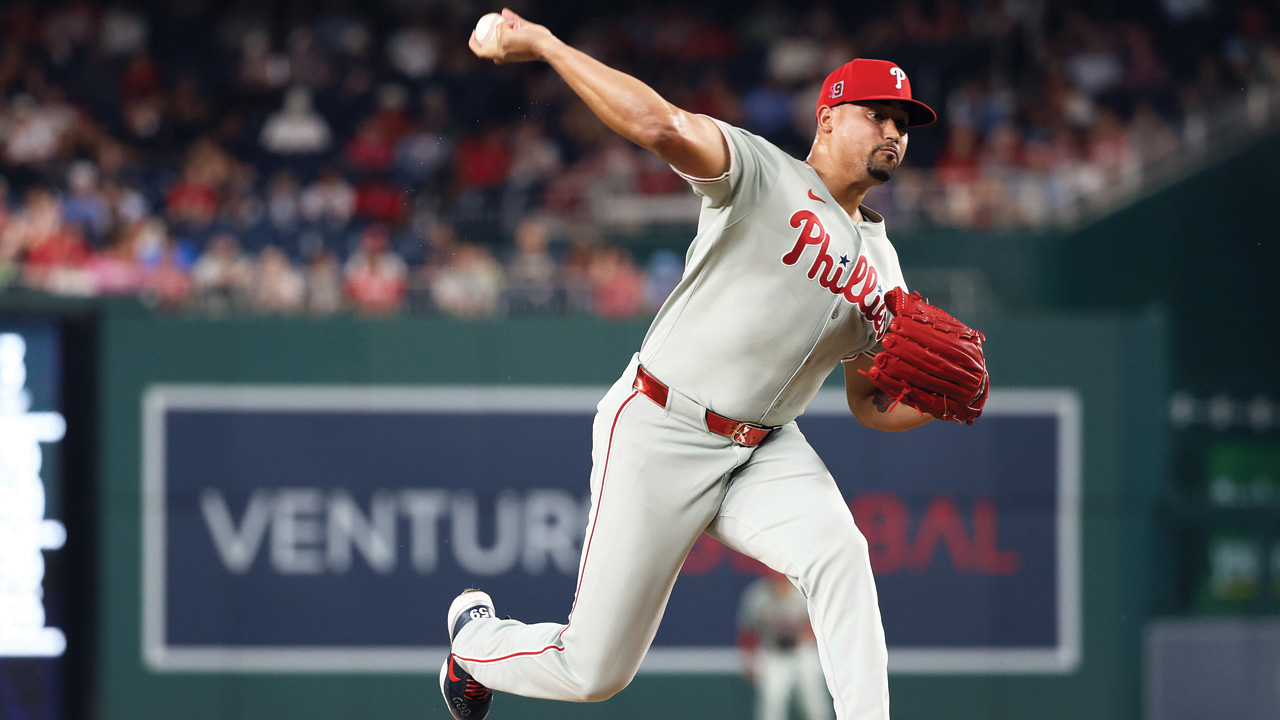 Phillies pitcher Jhoan Duran throws during the ninth inning of a baseball game against the Washington Nationals, Friday, Aug. 15, 2025, in Washington.