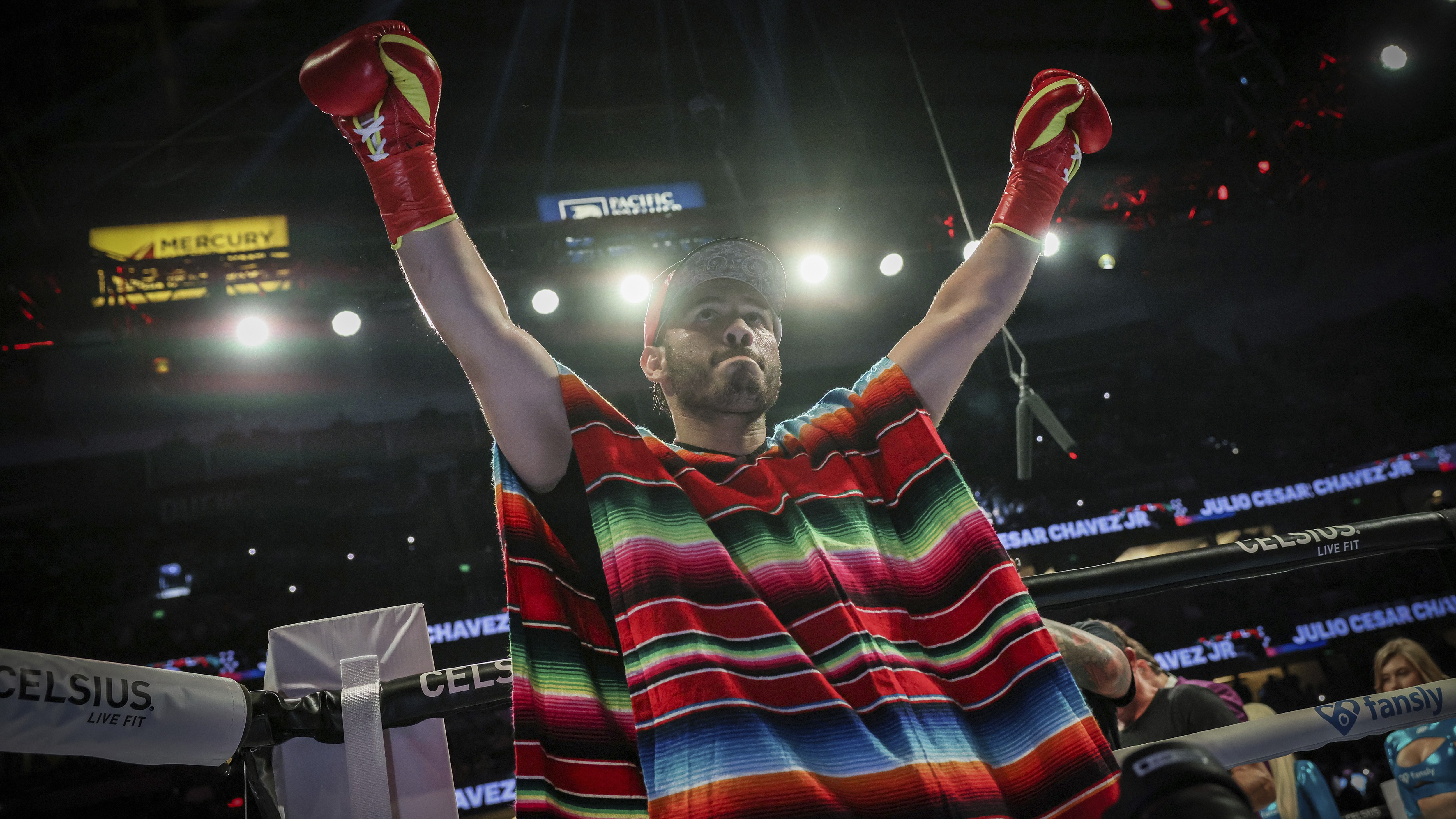 FILE - Julio Cesar Chavez Jr. arrives for his cruiserweight boxing match against Jake Paul, in Anaheim, Calif., June 28, 2025. (AP Photo/Etienne Laurent)