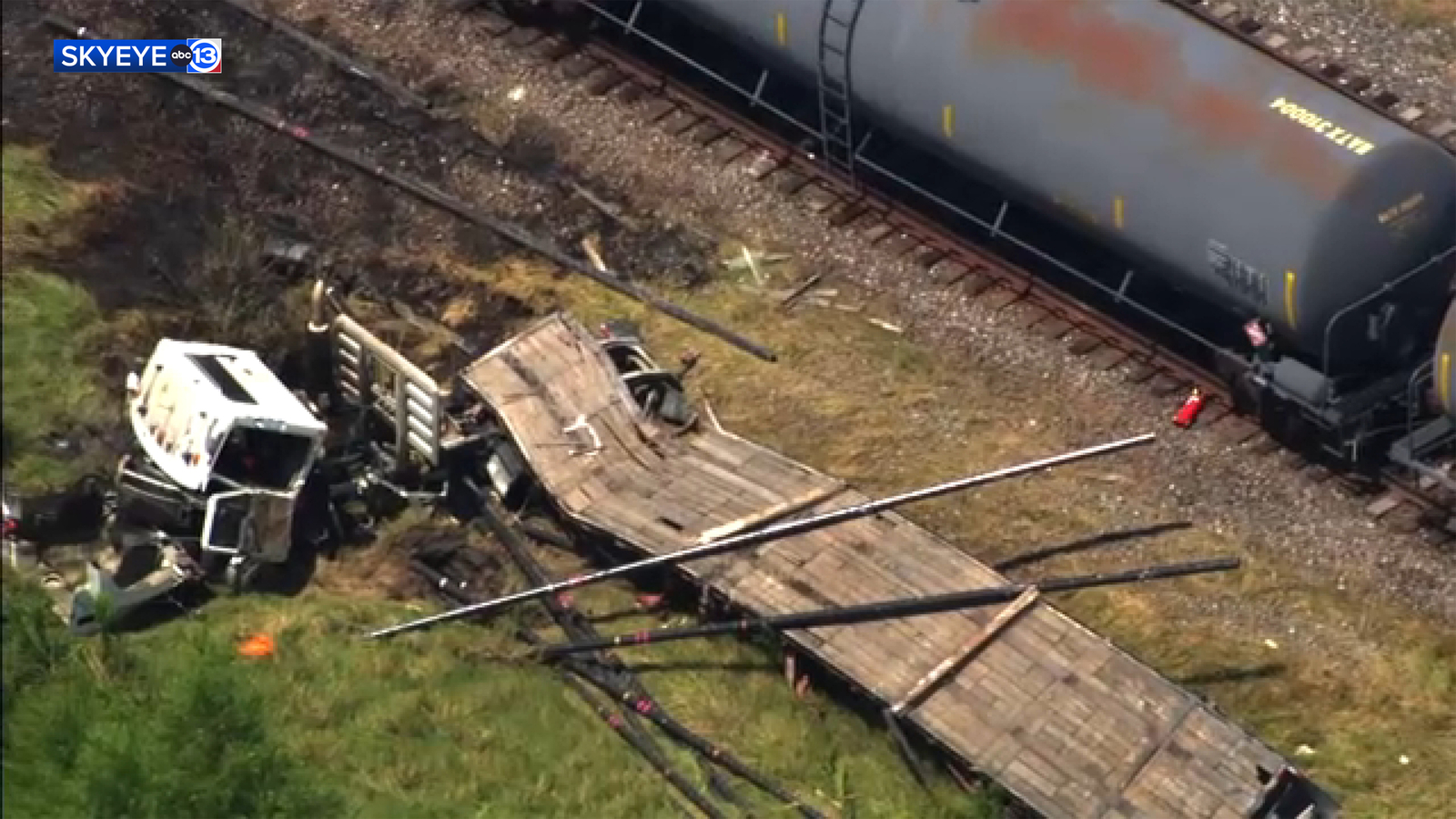 Traffic being diverted as crews clean up crash involving train and semi-truck in Crosby, HCSO says