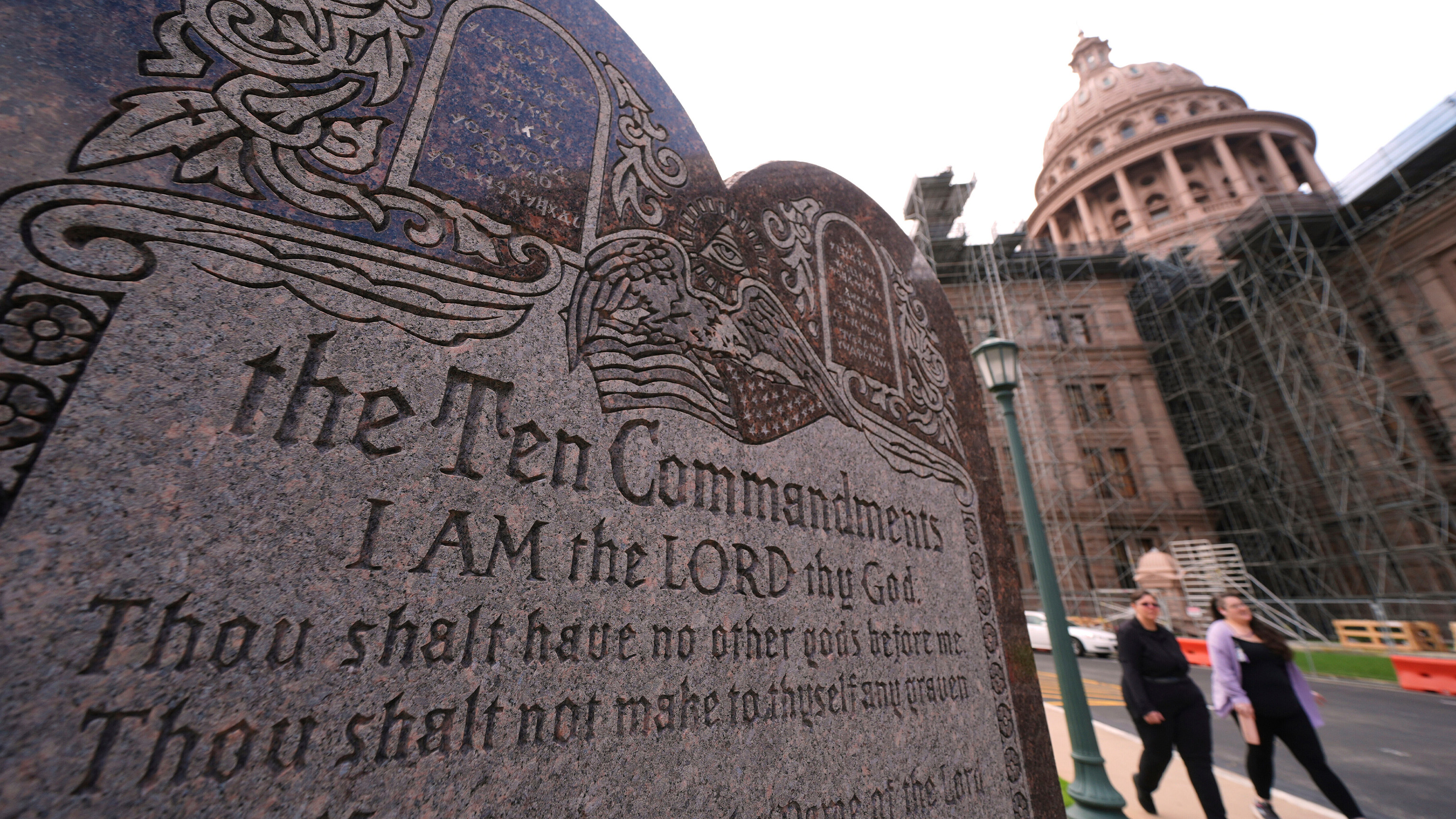 FILE - A granite Ten Commandments monument stands on the ground of the Texas Capitol, Thursday, May 29, 2025, in Austin, Texas.