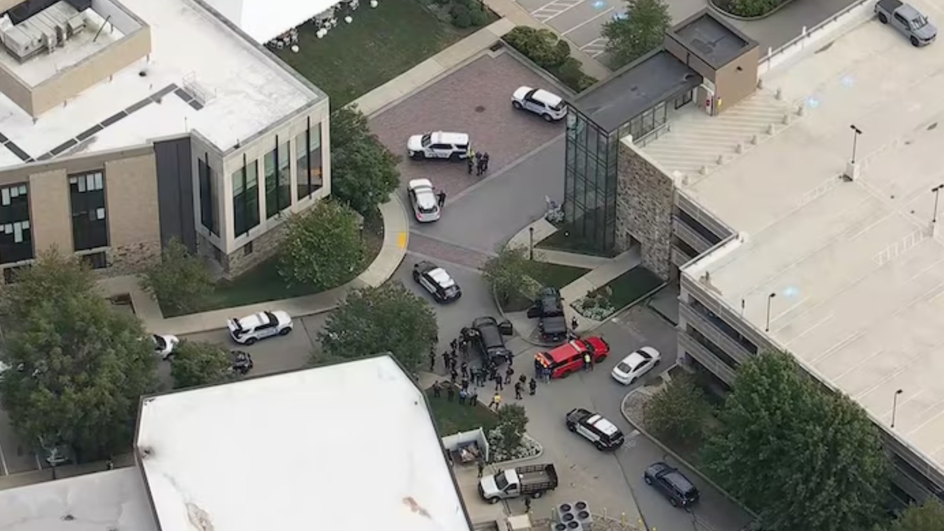 In this screenshot from Chopper 6 video, law enforcement officials are shown at the scene of a shooting at Villanova University, Aug. 21, 2025.