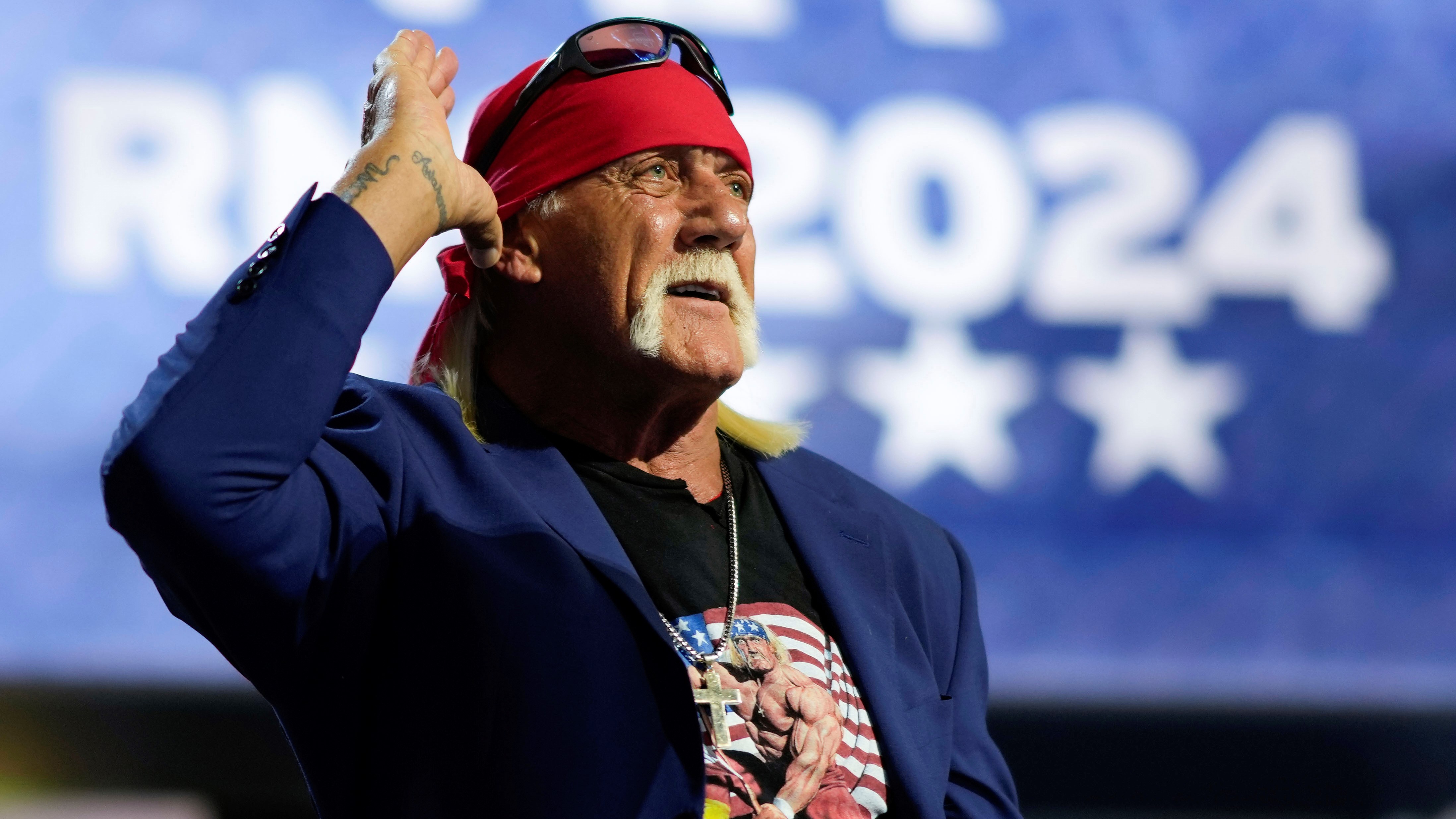 Professional entertainer and wrestler, Hulk Hogan, speaks during the Republican National Convention, Thursday, July 18, 2024, in Milwaukee.