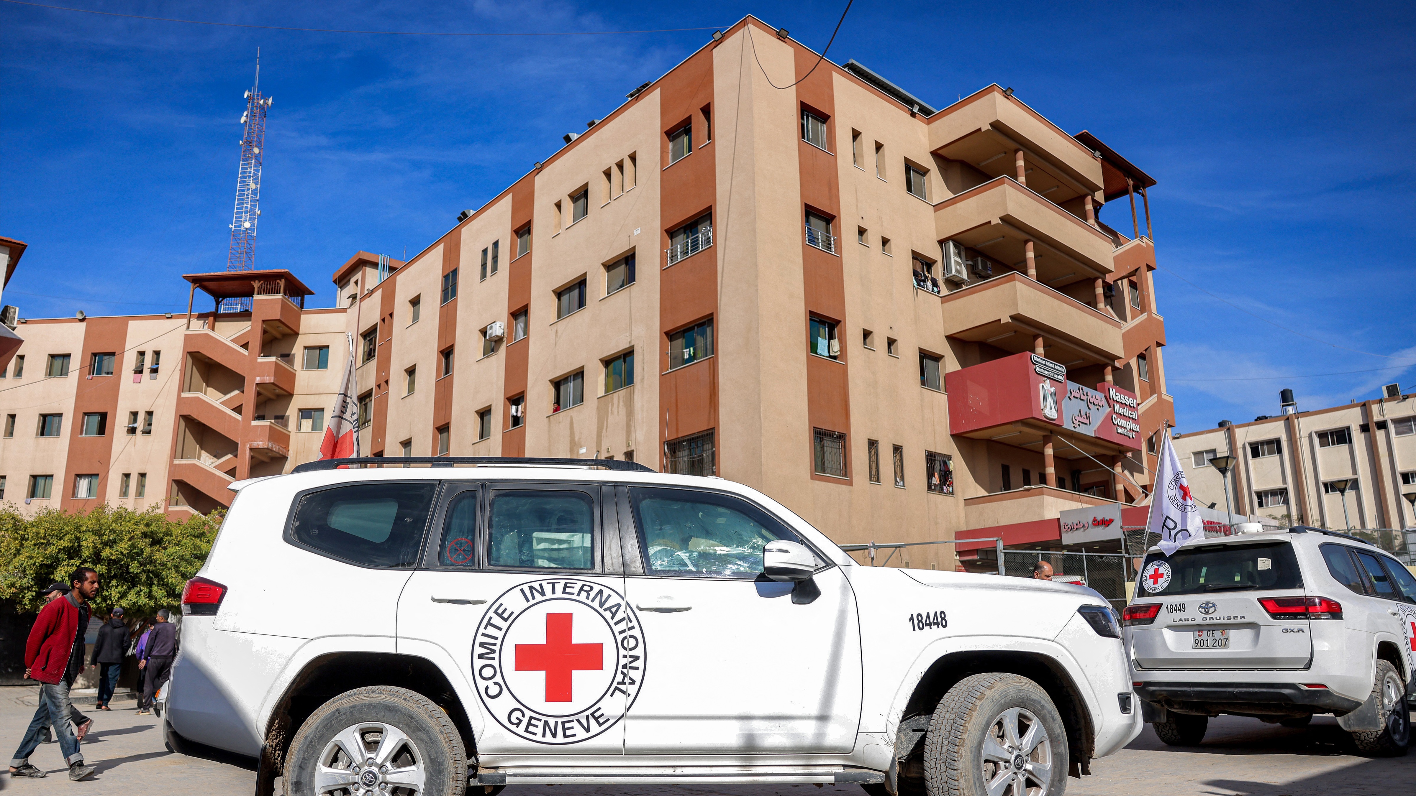 Vehicles of the International Committee of the Red Cross (ICRC) are parked outside Nasser Medical Complex in Khan Yunis in the southern Gaza Strip on January 14, 2025.