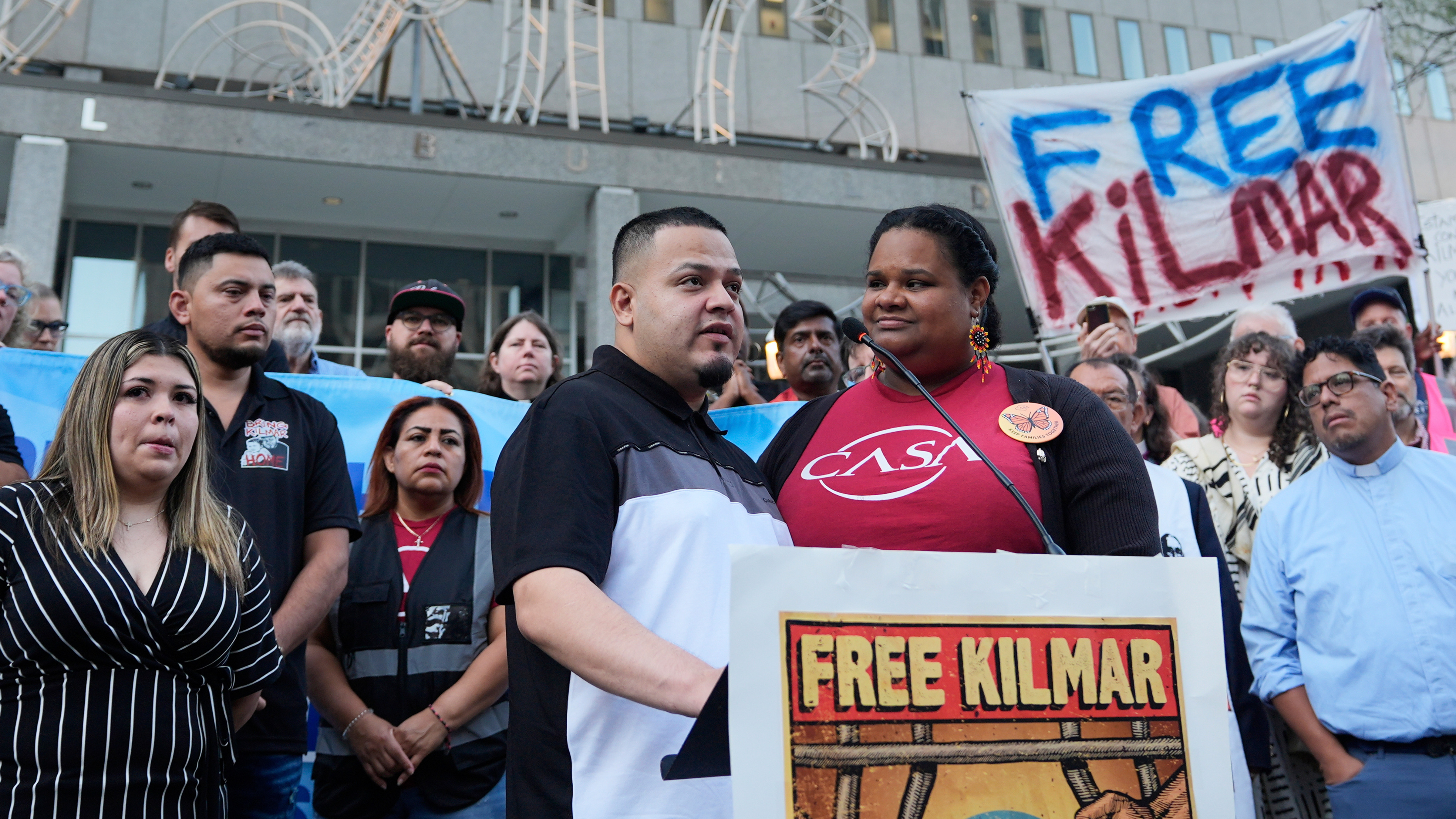 Jennifer Vasquez Sura, front left, wife of Kilmar Abrego Garcia, attends a protest rally in Baltimore, Monday, Aug. 25, 2025, to support Kilmar Abrego Garciab.