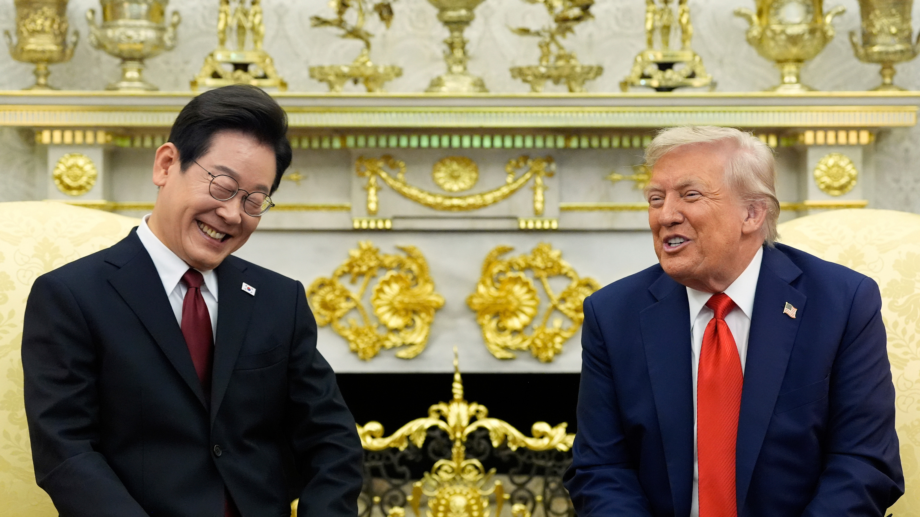 President Donald Trump, right, meets with South Korean President Lee Jae Myung in the Oval Office of the White House, Monday, Aug. 25, 2025, in Washington.