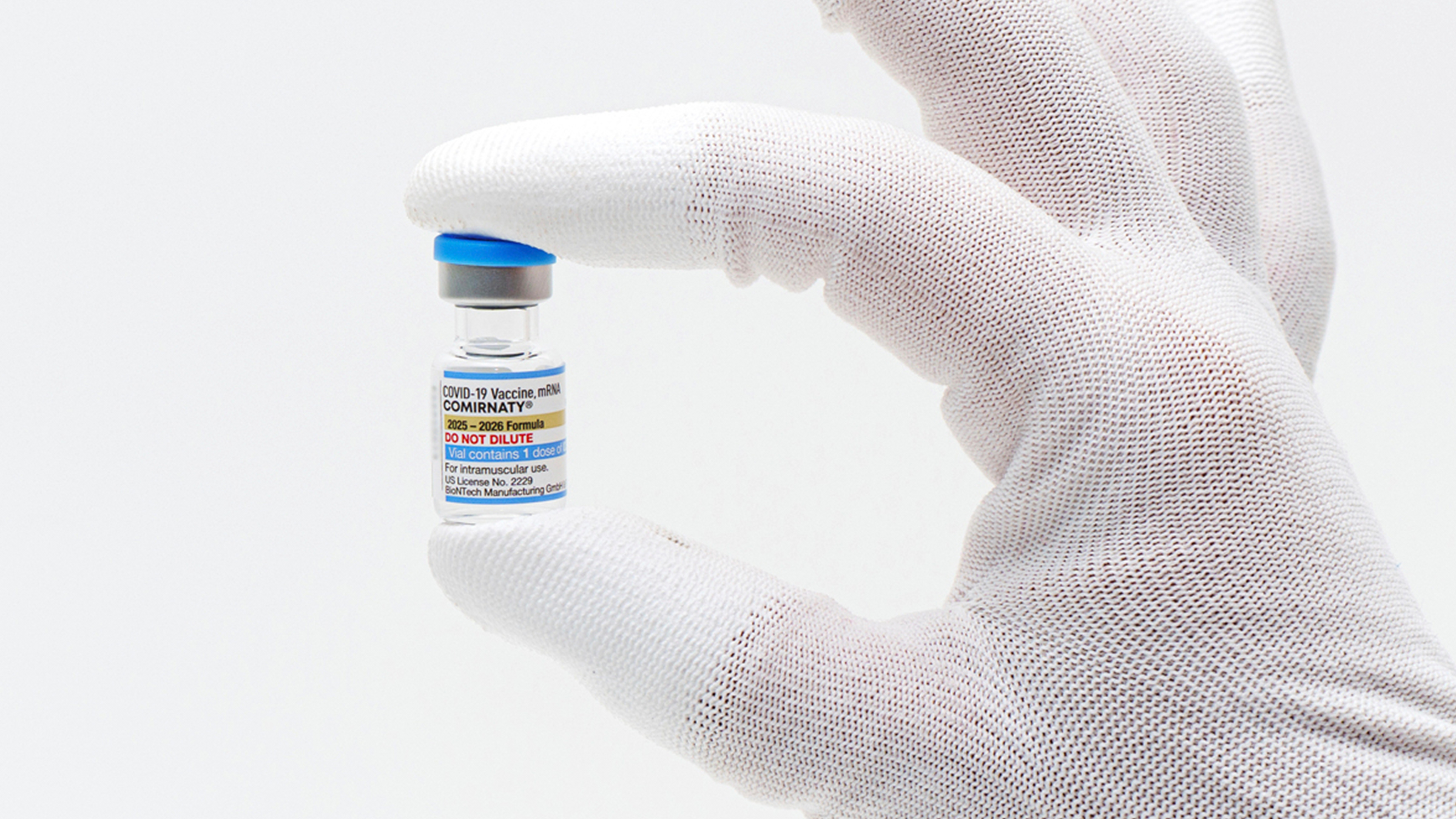 This photo provided by Pfizer in August 2025 shows a vial of the updated COVID-19 vaccine Comirnaty.