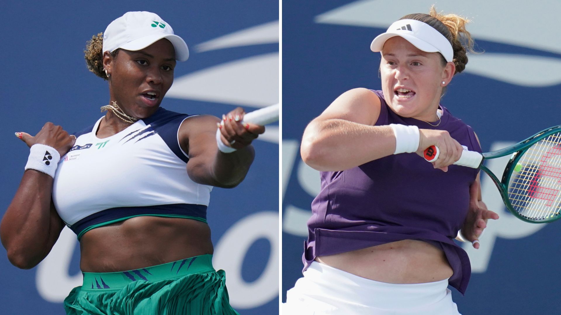 Left: Taylor Townsend of the United States during the first round of the U.S. Open in NY; Right: Jeļena Ostapenko of Latvia during the first round of the U.S. Open in NY