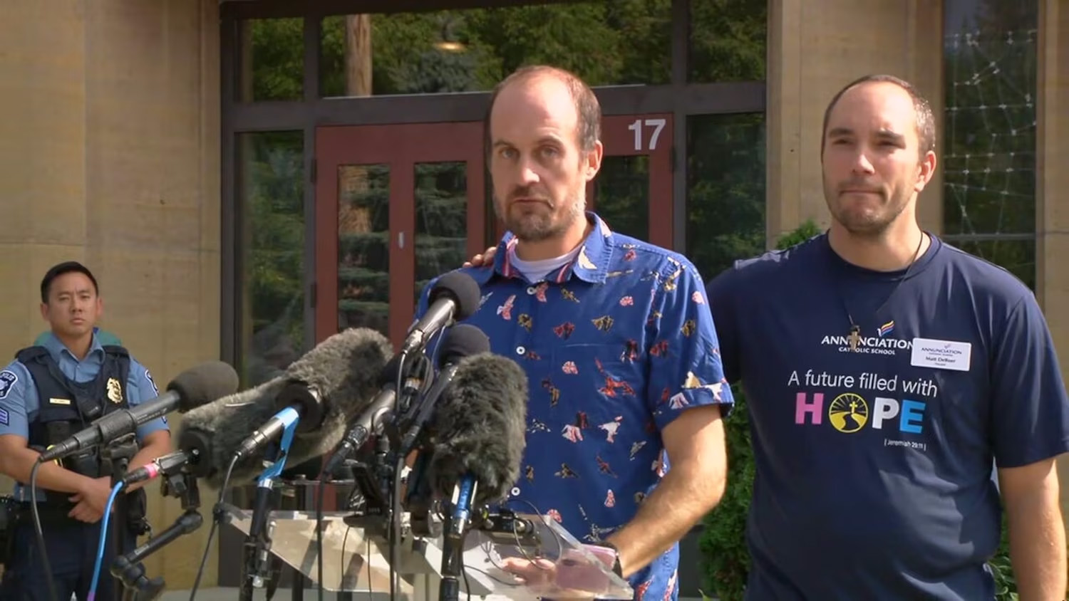 Jesse Merkel, the father of 8-year-old Fletcher Merkel, speaks outside Annunciation Catholic Church in Minneapolis, Aug. 28, 2025.