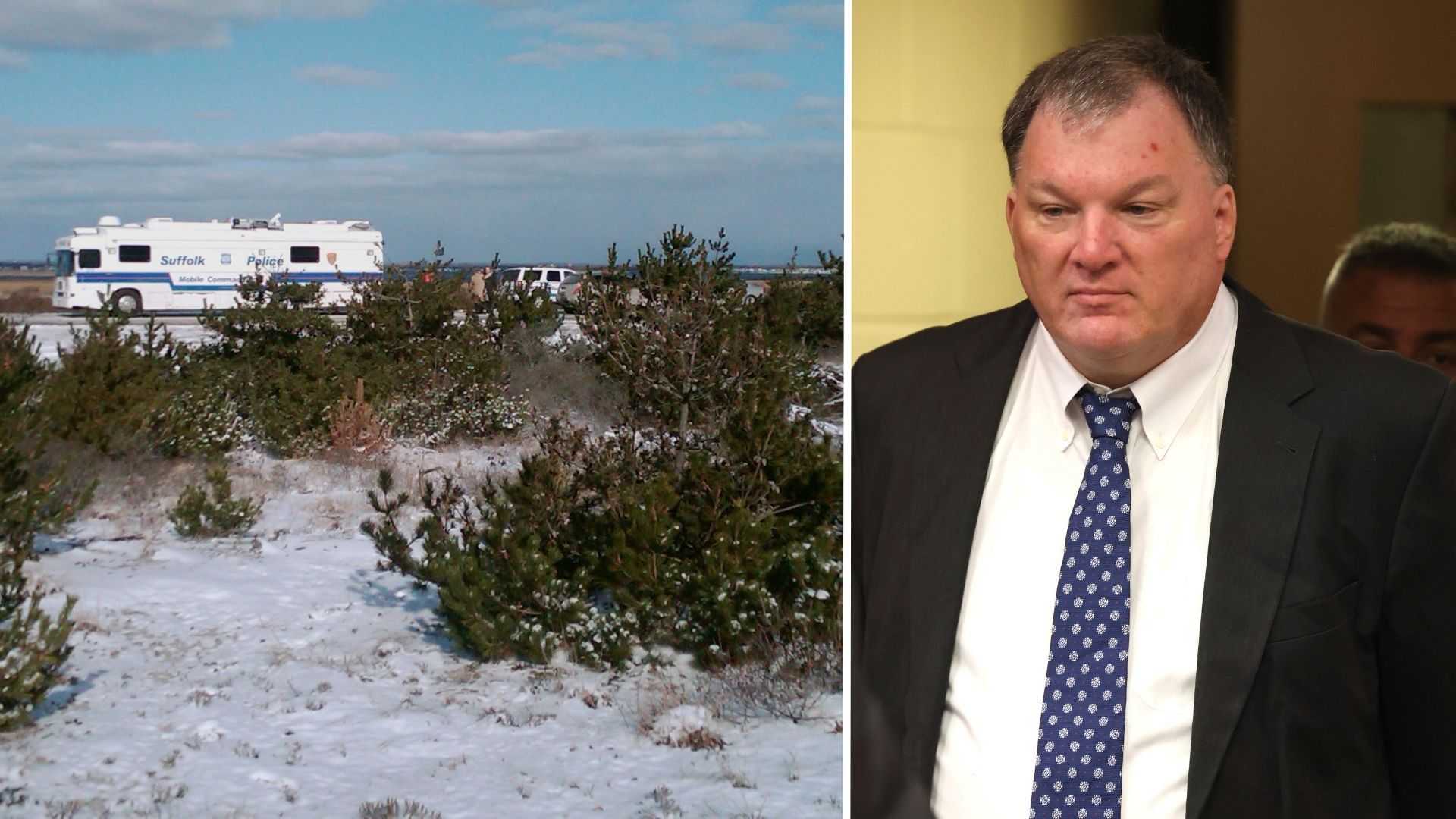 :eft: Suffolk County Police conduct a search, Tuesday, Dec. 14, 2010, along a beachfront road in Babylon, N.Y.; Right: Rex Heuermann appears for a hearing, Tuesday, July 30, 2024.