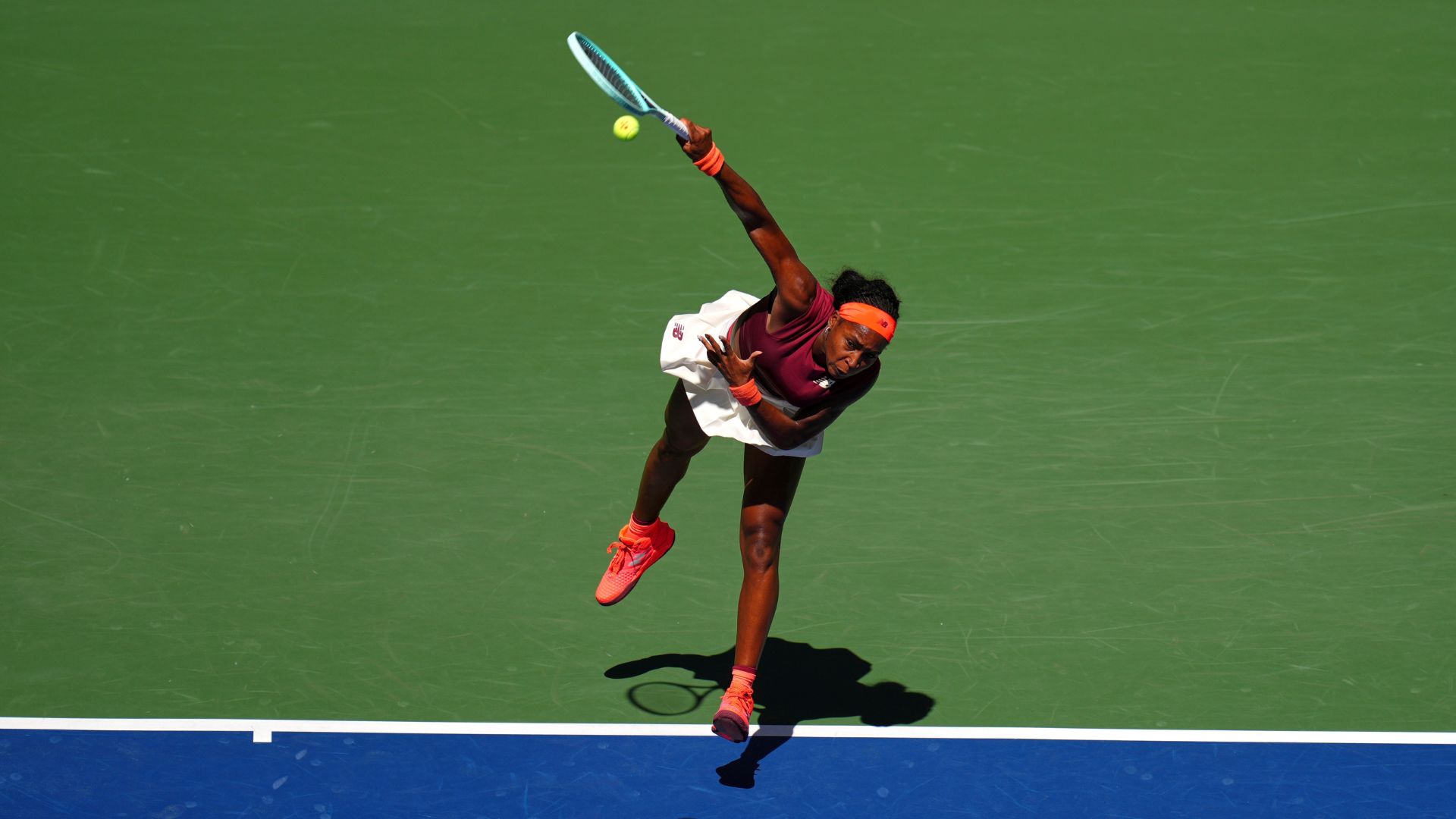 Coco Gauff, of the United States, serves against Magdalena Frech, of Poland, during the third round of the U.S. Open tennis championships, Saturday, Aug. 30, 2025, in New York.