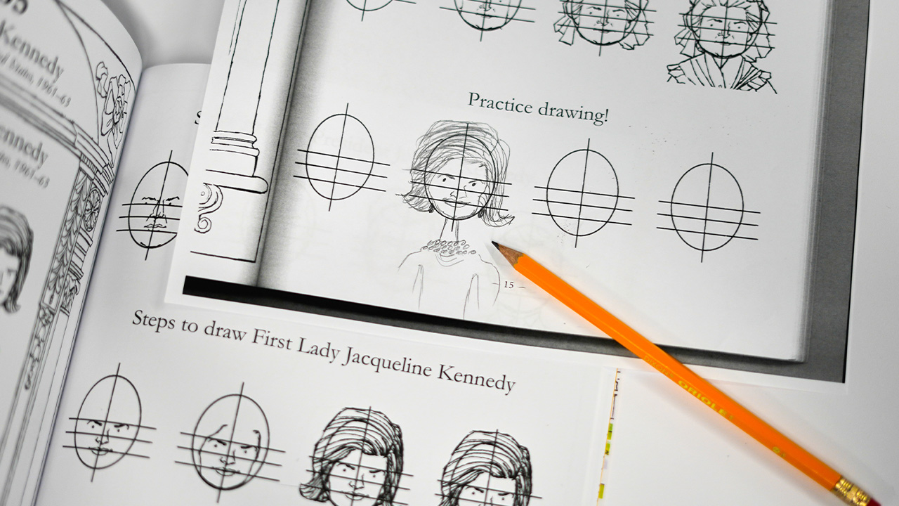 A practice drawing of former first lady Jacqueline Kennedy, drawn by AP White House journalist Darlene Superville, above, photographed Thursday, Aug. 28, 2025