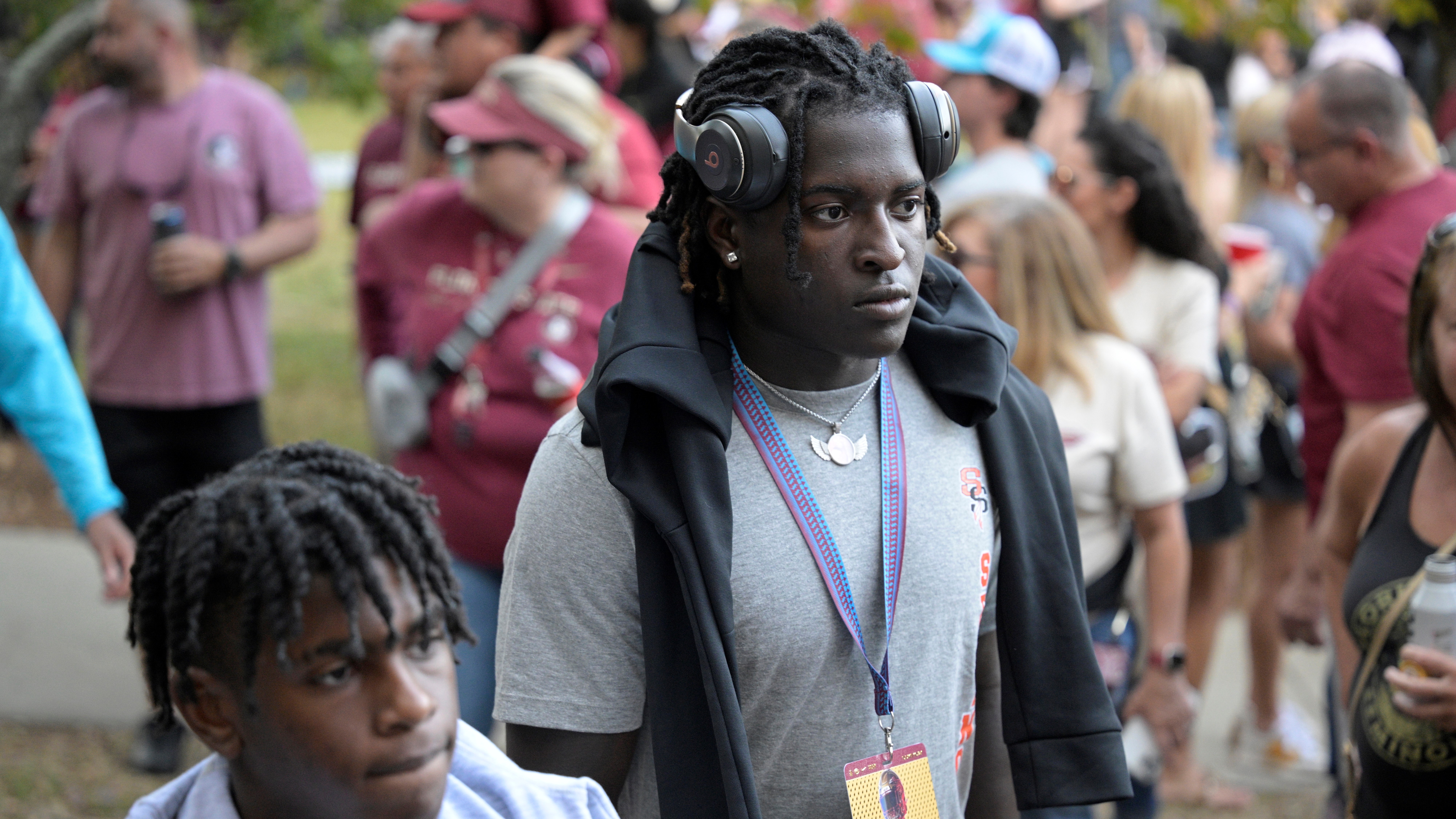 Seminole linebacker Ethan Pritchard walks to the stadium before an NCAA college football game between Florida State and Duke, Saturday, Oct. 21, 2023, in Tallahassee, Fla.