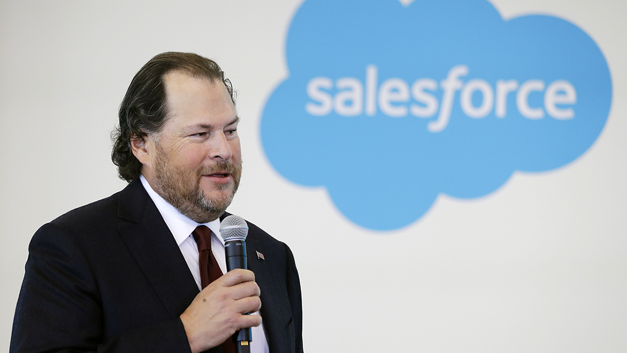 FILE - In this May 16, 2019, file photo, Salesforce chairman Marc Benioff speaks during a news conference, in Indianapolis.