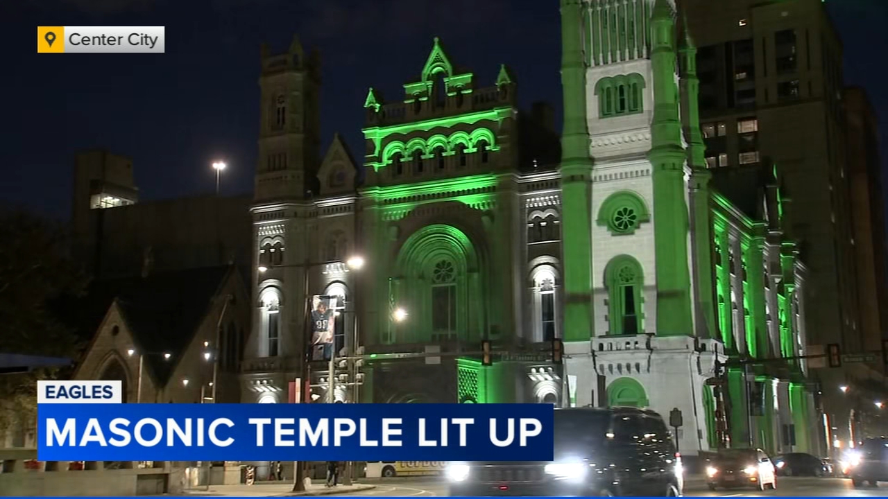 Philly's Masonic Temple illuminates historic facade for Eagles