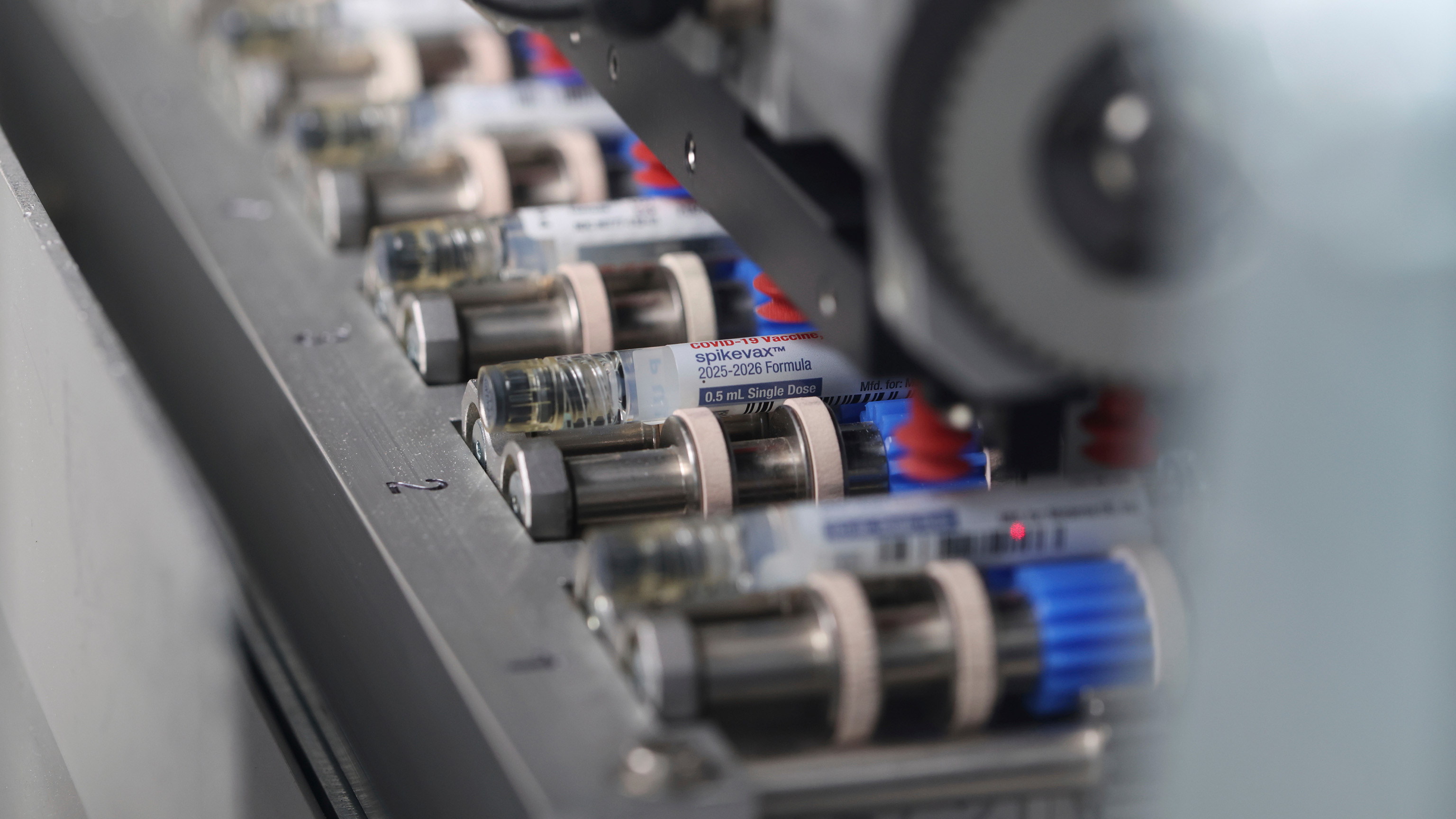 This photo provided by Moderna in August 2025 shows fill and finish production of the updated mNEXSPIKE COVID-19 vaccine, in Madrid.