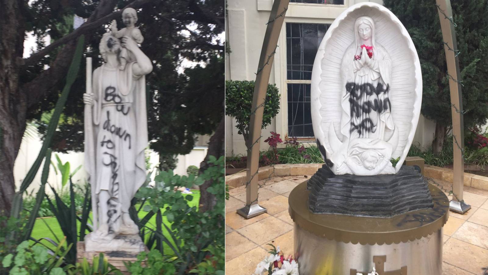 Surveillance video shows vandal spraypainting statues at Catholic