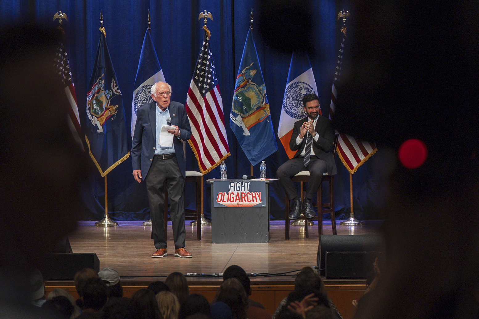 Sen. Bernie Sanders, I-Vt., left, and New York City mayoral candidate Zohran Mamdani speak during a town hall on Saturday, Sept. 6, 2025, in New York.