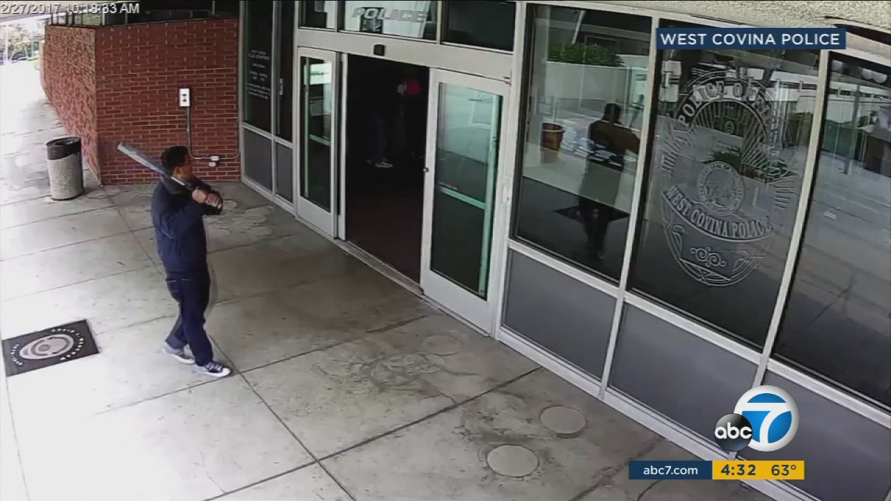VIDEO: Bat-wielding man tackled, arrested at West Covina PD