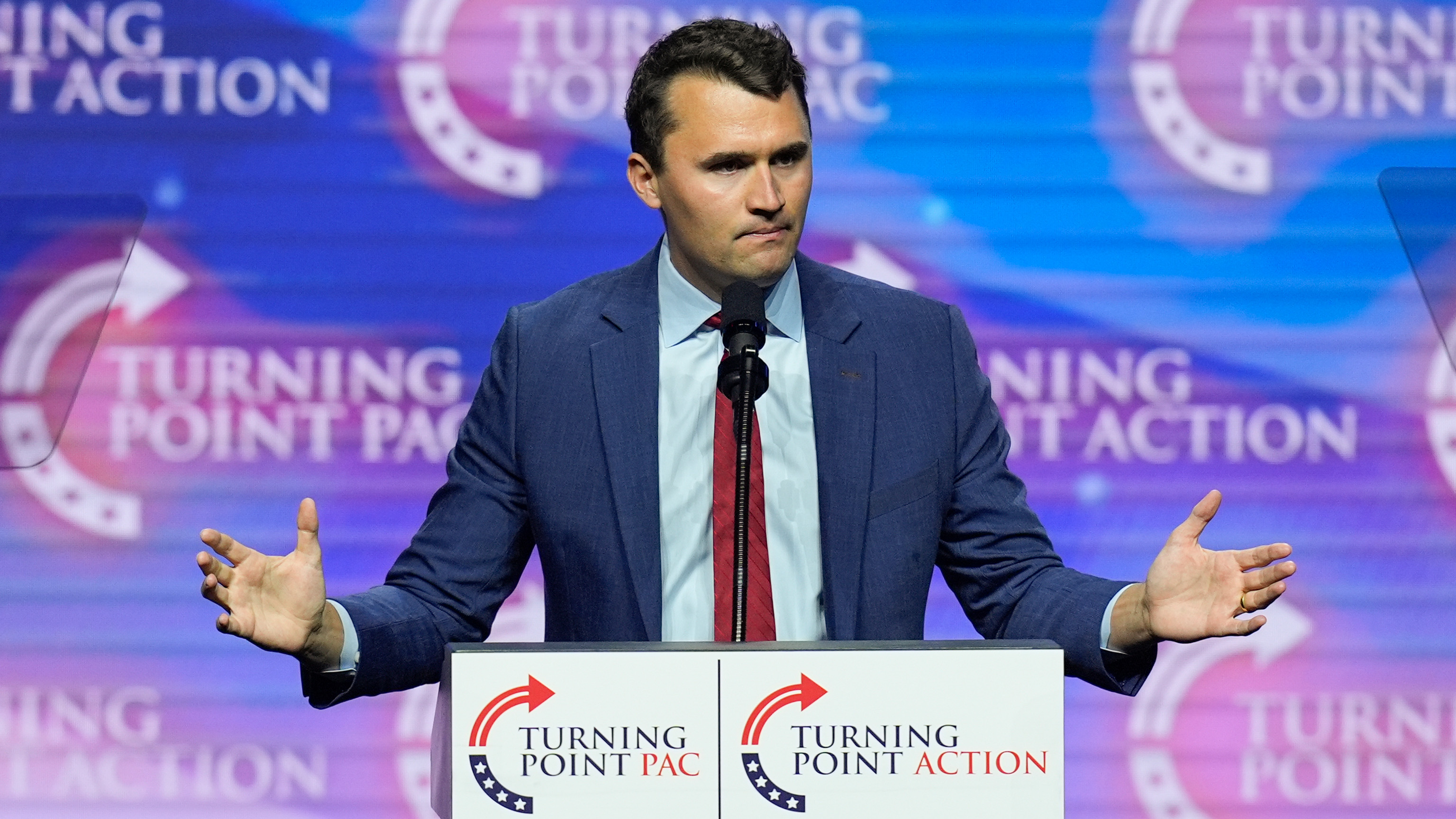 FILE - Turning Point USA Founder Charlie Kirk speaks during a campaign rally, Oct. 24, 2024, in Las Vegas.