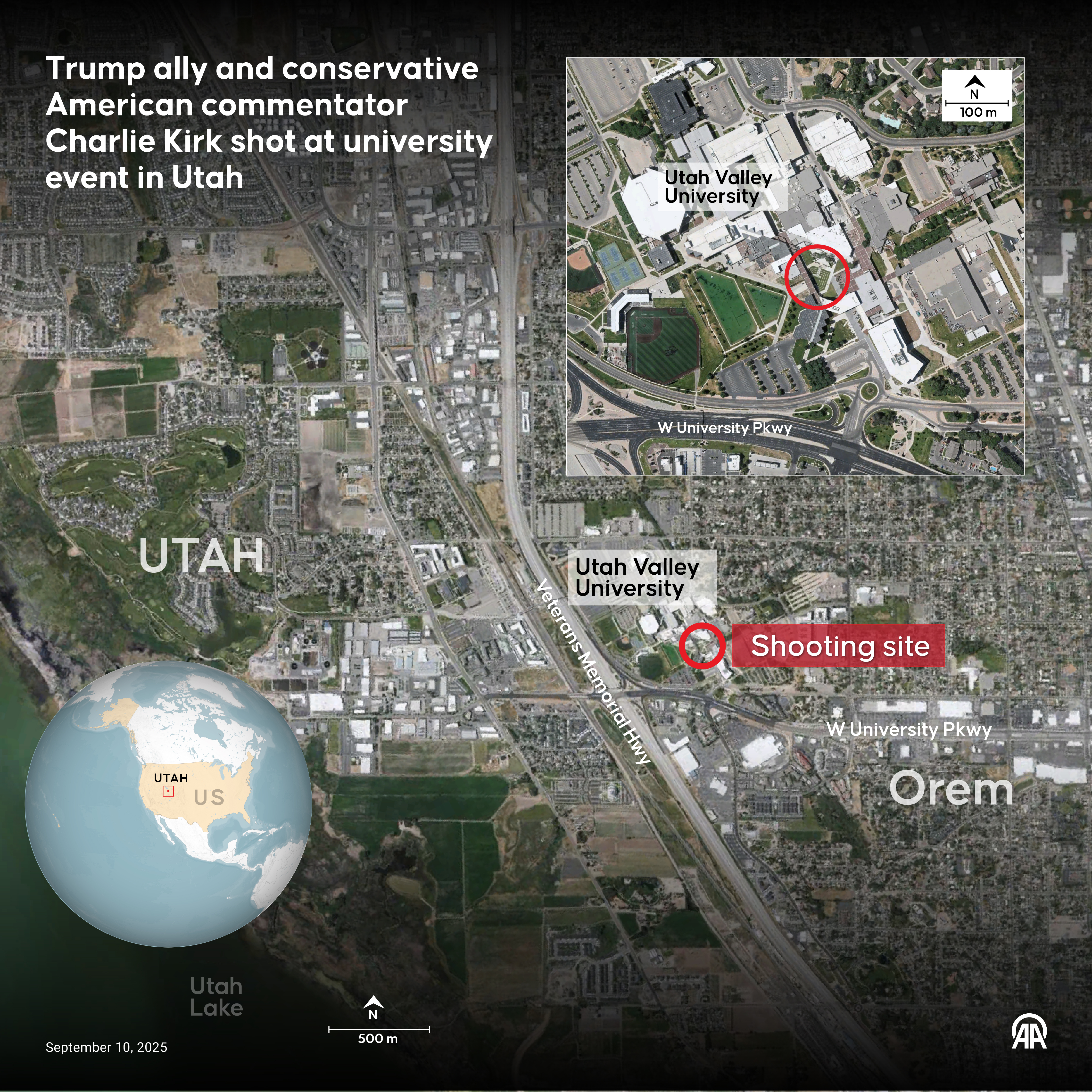An infographic titled "Trump ally and conservative American commentator Charlie Kirk shot at university event in Utah" created in Ankara, Turkiye on September 10, 2025.