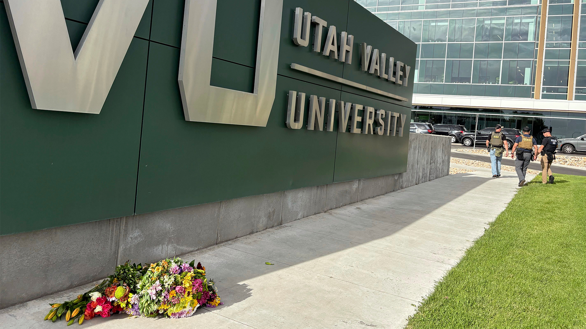 Flowers are shown outside the Keller Building on the Utah Valley University campus on Wednesday, Sept. 10, 2025, in Orem, Utah.