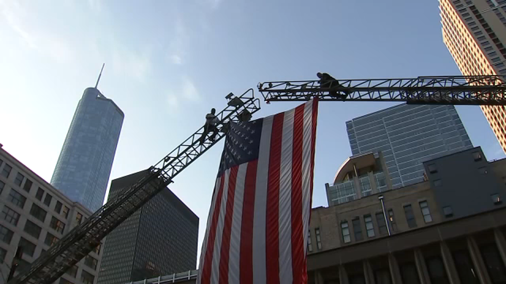 The Chicago Fire Department raised an American flag on Thursday in tribute to those killed on Sept. 11, 2001.